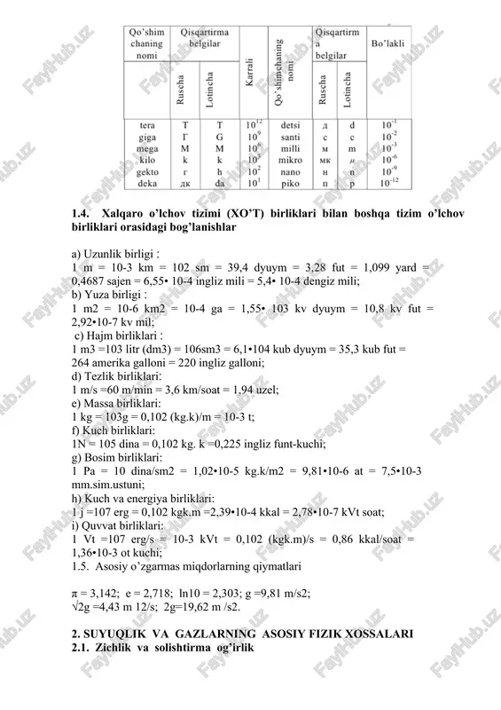 modeli deyiladi ev= b1v , [ev]=n/m2 (2.6, 2.7-jadvallar). qattiq jismlarning elastik xususiyati ham eq parametr bilan ifodalanadi (2.8.-jadval). elastik modul es ning ayrim suyuqliklar uchun qiymatlari 2.6.-jadval suvning har xil haroratdagi hajmiy elastiklik moduli 2.7.-jadval qattiq jismning hajmiy elastiklik moduli 2.8.-jadval 2.3. haroratdan kengayish haroratdan kengayish asosan haroratdan kengayish koeffitsienti bilan tavsiflanadi. u harorat o’zgarishida hajmning o’zgarishi bilan ifodalanadi. matematik ifodada quyidagicha yoziladi: turli xil suyuqliklar uchun haroratdan kengayish koeffitsientining qiymatlari quyidagi 2.9, 2.10 va 2.11-jadvallarda keltirilgan. haroratdan kengayish koeffitsientining o’rtacha qiymati 2.9-jadval suvning haroratdan kengayish koeffitsientining harorat va bosimga bog’liqligi. 2.10-jadval turli xil gazlar uchun haroratdan kengayish koeffitsienti 101,3 kpa bosimda 2.11-jadval 2.4. qovushqoqlik qovushqoqlik dinamik va kinematik qovushqoqliklarga bo’linadi. dinamik qovushqoqlik koeffitsienti µ bilan, kinematik qovushqoqlik koeffitsienti v bilan belgilanadi. ular orasidagi bog’liqlik quyidagicha ifodalanadi. bu yerda ρ - suyuqlik zichligi. ularning qiymatlari 2.12-2.15 -jadvallarda berilgan. ayrim gazlar uchun kinematik qovushqoqlik koeffitsienti 2.12-jadval gazlar dinamik qovushqoqlik koeffitsientining harorat …