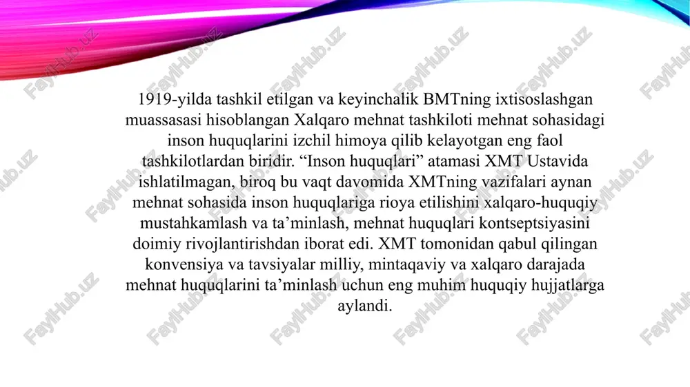 da “biz yangi o‘zbekistonni “ijtimoiy davlat” tamoyili asosida qurishni maqsad qilyapmiz. ijtimoiy davlat bu, eng avvalo, inson salohiyatini ro‘yobga chiqarish uchun teng imkoniyatlar, odamlar munosib hayot kechirishiga zarur sharoitlar yaratish, kambag‘allikni qisqartirish, demakdir” , deb ta’kidlagan o‘zbekiston va xalqaro mehnat tashkiloti o‘rtasida 2021–2025-yillarga mo‘ljallangan o‘zbekiston respublikasi uchun munosib mehnat bo‘yicha mamlakat dasturi imzolandi. mazkur dastur doirasida mehnat munosabatlarini tartibga soluvchi normativ-huquqiy bazani takomillashtirish, yoshlar, xotin-qizlar va aholining ijtimoiy himoyaga muhtoj qatlamlari uchun bandlik va munosib mehnat imkoniyatlarini kengaytirish, shuningdek ularning sifatli va inklyuziv ta’lim hamda ijtimoiy muloqotni mustahkamlashga ko‘maklashadigan ijtimoiy himoyadan foydalanish imkoniyatlarini ta’minlash bo‘yicha ishlar olib borilmoqda. xususan, 2024-yilda xmt bosh direktori jilber ungbo rasmiy tashrif bilan o‘zbekistonda bo‘ldi, tashrif davomida 2026–2030-yillarga mo‘ljallangan yangi mamlakat dasturini ishlab chiqish va qabul qilish masalalari muhokama qilindi. e’tiboringiz uchunb rahmat image2.png image3.jpeg image4.jpeg image5.jpeg image1.png /docprops/thumbnail.jpeg