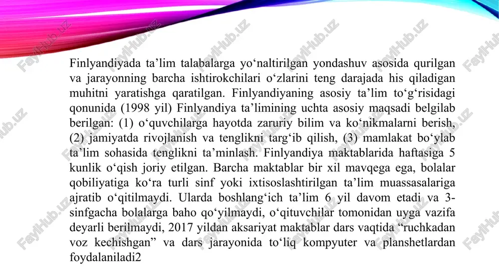 r. mamlakatimiz va fuqoralarimizning farovonligini yanada yuksaltirish uchun jahon talablariga to‘laqonli javob bera oladigan ta’lim tizimini yaratish ,shuningdek o‘z sohasining yetuk egalarini yetishtirish muhim hisoblanadi. prezident shavkat mirziyoyev takidlaganidek: hammamizga ayonki, taraqqiyotning tamal toshi ham, mamlakatni qudratli, millatni buyuk qiladigan kuch ham bu – ilm fan, ta’lim va tarbiyadir. bu talablarni hisobga olgan holda o‘zbekistonda ta’lim tizimini takomillashtirish, xorijiy mamlakatlar tajribasini o‘rganish, yaqindan hamkorlik qilish va zamonaviy o‘quv dasturlarini tuzish borasida qilinayotgan ishlar ahamiyatga molik. davlat rahbarining topshirig‘iga binoan ta’lim sohasida finlandiya tajribasini chuqur o‘rganish va uni amaliyotda tadbiq etish uchun ishchi guruh tuzildi. finlandiya davlatida o‘qituvchi eng oliy kasb egasi hamda barcha hurmat qilishi kerak bo‘lgan inson sifatida e’zozlanadi. o‘zbekiston respublikasi vazirlar mahkamasining 2022-yil 17-yanvardagi “xalq ta’limi xodimlarini uzluksiz kasbiy rivojlantirish tizimini tashkil etish tartibi to‘g‘risidagi nizomni tasdiqlash haqida”gi vm-25-son qarori bilan xalq ta’limi xodimlarining har yili malaka oshirishga asoslangan uzluksiz kasbiy rivojlantirish tizimi joriy etilgan finlandiyada o‘quvchilarning o‘qishdagi …