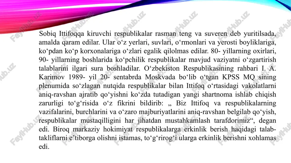 asi raisi; i. tizyakov — sssr sanoat, qurilish, transport va aloqa davlat korxonalari uyushmasi prezidenti. ushbu shaxslar m. s. gorbachyovning sog‘lig‘i yomonlashgani haqidagi soxta ma’lumotni asos qilib olib, uni hokimiyatdan noqonuniy tarzda chetlashtirdilar va mamlakatni boshqarishni o‘z qo‘llariga oldilar. fhdq mamlakatda favqulodda holat joriy etilganini e’lon qilib, “sovet rahbariyatining bayonoti”, sovet xalqiga murojaatnoma, shuningdek birlashgan millatlar tashkiloti bosh kotibi hamda xorijiy davlatlar rahbarlariga yo‘llangan murojaatlar bilan chiqdi. qo‘mita faoliyatini qonuniylashtirishga urinib, ommaviy axborot vositalarini to‘liq nazorat ostiga oldi, ayrim siyosiy partiyalar va harakatlar faoliyatini taqiqladi. ammo bu urinish xalqning keskin noroziligiga sabab bo‘ldi. moskva, leningrad, tallin, riga, vilnyus kabi shaharlar aholisi demokratiyani himoya qilish uchun maydonlarga chiqdi. natijada fhdqning noqonuniy harakatlari uch kun ichida barbod bo‘ldi. fitnachilar hibsga olindi, gorbachyov o‘z lavozimiga qaytdi. shu voqea sovet ittifoqining siyosiy tizimi butunlay izdan chiqqanini ko‘rsatib berdi va mustaqillik jarayonini tezlashtirdi. 1991-yil avgust oyida sssrda yuz bergan siyosiy inqiroz davrida o‘zbekiston rahbariyati masalaga …