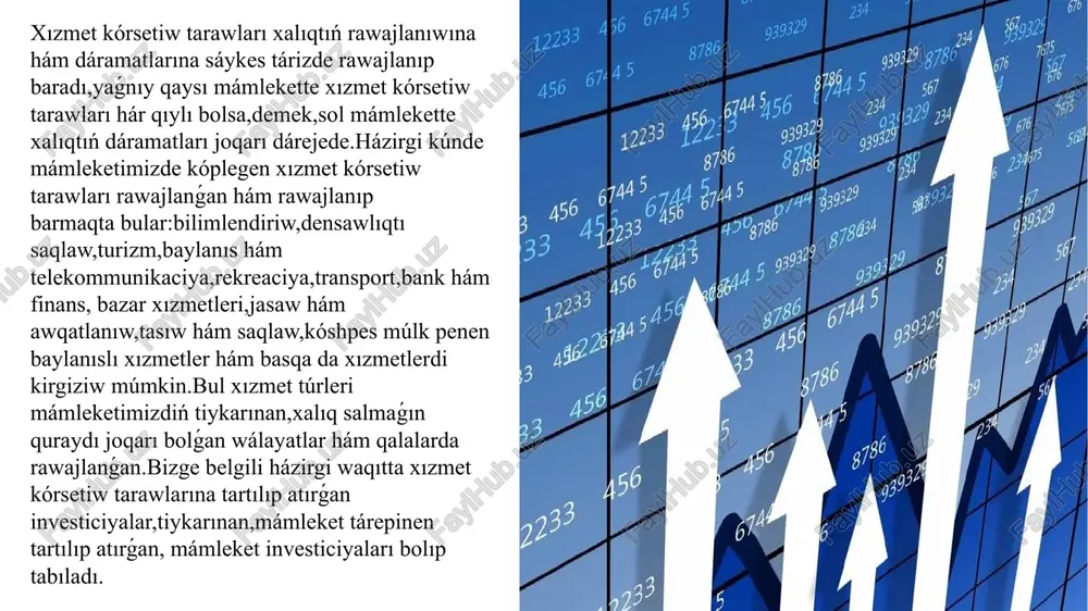 ıqtıń jan basına ortasha ulıwma dáramatlarınıń kólemi 23 563,1 mıń sum bolıp,paytaxtımız bul kórsetkish boyınsha respublikada birinshi orında turadı.xalıqtıń jan basına ortasha ulıwma dáramatlar kólemi boyınsha:samarqand wálayatında 10 391,3 mıń sum, ferǵana wálayatında 8 728,1 mıń sum,qashqadárya wálayatında 9 863,4 mıń sum,ándijan wálayatında 10 753,3 mıń sum, tashkent wálayatında 12 565,3 mıń sum,namangan wálayatında 9 049,3 mıń sum bolıp tashkent qalasınan ádewir tómen salmaqqa iye. 11 bunnan sonı ańlaw múmkin,densawlıqtı saqlaw tarawınıń rawajlanıwı tek ǵana xalıqtıń sanına baylanıslı bolmay,xalıqtıń dáramatlarına da baylanıslı.xalıq dáramatları joqarı bolǵan aymaqlarda medicina úskeneleri xalıqtıń talabına baylanıslı jaǵdayında zamanagóylesedi.demek,aymaqlar boyınsha densawlıqtı saqlaw tarawına investiciya kirgiziwde xalıqtıń dáramatların da esapqa alıw kerek.nawayı wálayatında bolsa xalıqtıń jan basına ortasha ulıwma dáramatları joqarı,yaǵnıy,19 200,2 mıń sum bolıp,bul muǵdar boyınsha mámleketimizde 2-orında turadı biraq,xalıq sanı júdá tómen,yaǵnıy, 1 033 869 adam ekenligi densawlıqtı saqlaw tarawındaǵı xızmetlerdiń ósiwine tosqınlıq etken. 12 nawayi wa`layatinnda den sawliqti saqlaw tarawındaǵı xızmetler kólemi júdá tómen,yaǵnıy,respublika …