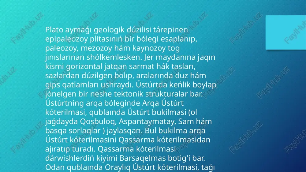 opıraq qatlamı ózgesheligi, joybar boyınsha qoplanish dárejeleri, ósimliklerdiń landshaft túrleri, olardıń jaylasıwı, tıǵızlıǵı, uwlı zatlı hám biygana ósimliklerdiń bar ekenligi, azıq massasınıń zúráátliligi, azıqlardıń jalpı rezervi, degradatsiyasi, hár bir jaylaw xili boyınsha ósimlikler túrleriniń mo'lligi kórsetilgen dizimi sıyaqlı baslanǵısh kadastr maǵlıwmatları toplandi. jer planetası shınında da ájayıp! planetamizning eń g'aroyib jaylarınan biri ústúrt platosi bolıp tabıladı. plato, tiykarınan, qurıp qalǵan áyyemgi tetis okeanınıń tubi bolıp tabıladı (grek teńiz hayal qudayı tefida atınan ). ústúrt platosining jası anıq emes, ilimpazlardıń pikrine qaraǵanda, 20 millionnan 60 million jılǵa shekem dep shama etiledi. onıń ayırım qatlamları hár qıylı eritpeler: mollyuskalar qaldıqları, teńiz tipratikanlari, toshga aynalǵan marjanlar hám shıǵanaqlar, sonıń menen birge, millionlap jıllar dawamında okean tubida tóplanǵan hák tas hám por qatlamlarınan ibarat. áyyemgi jınıslar kórinip turǵan jańa jarlıqlarda sol uzaq dáwirlerdi eslatuvchi áyyemgi akulalarning tislerin tabıw múmkin. xx ásirdiń 80-jıllarında ilimpazlar noodatiy jasalma sızıqlardı bayqawdı. bul sızıqlar arqaǵa belgi etiwshi 900 m …