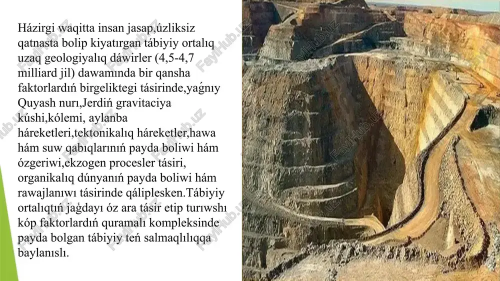 de ámel etiwi zárúr bolgan,tiykarınan,5 nizamlıq bar: 1) tábiyattaģi barlıq komponent hám elementler óz ara bir-biri menen baylanısqan, óz ara tásir etip, belgili bir teńsalmaqlıqta bolip, úylesimlilik payda etken. bir komponent yaki element ózgerse, pútkil tábiyiy komplekste ózgeris júz beredi; 2) tábiyatta toqtawsız zat hám energiyanıń aylanba háreketi júz berip turadi. bul ómir tiykarı; 3) tábiyiy proceslerdiń rawajlanıwında belgili dáwirlilikler bar (sutkalıq, jıllıq, 12 jıllıq, 33-35 jıllıq hám kóp jıllıq); 4) zonallıq; 5) poyas; insannıń tábiyat penen óz ara tásiri jámiyettiń rawajlanıwı, óndiris usılları jetilisip bargan sayın jedellesedi, tábiyattan, oniń baylıqların, qurilis hám óndiris texnikası, baylanıs quralları iri qalalardı ózgertip, úlken oazisler, mádeniy landshaftlar jaratıwga, ónimdarlı eginler hám miyweler, ónimdarlı sharwa malların jetistiriwge imkan beredi. biraq geyde tereń úyrenbesten insan qúdiretine artıqsha baha berip, tábiyatqa tásir kórsetiw tábiyattan paydalanıp bolmaytuǵın jaǵdayǵa, onıń buzılıwına hám pataslanıwına alıp keliwi múmkin. bunday kórinis adamzattıń pútkil tariyxı dawamında baqlanadı. pekin xix ásirge shekem insannıń …