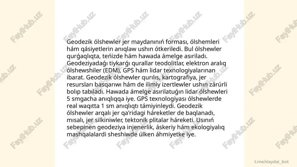 grafikalıq kartalarda detallar hám anıq aralıqlardı kórsetiw ushın ádetde úlken masshtablar qollanıladı, mısalı, 1:25 000, bul bolsa kishi aymaqlardıń tolıq kórinisin támiyinleydi. masshtablar kartadan tuwrı paydalanıw hám anıq tolıq maǵlıwmatlardı túsiniw ushın zárúrli bolıp tabıladı. ... t.me/slaydai_bot geografiyalıq koordinatalar sisteması jer maydanıdaǵı noqatlardı anıqlaw ushın keńlik hám uzınlıq ólshewlerine tiykarlanadı. keńlik sızıqları ekvatordan baslanıp, arqa hám qubla polyusqa qaray 0° den 90° ge shekem ózgeredi. uzınlıq sızıqları bolsa bas meridian (0° uzınlıqtaǵı grinvich) den baslanıp, shıǵıs hám batıs baǵdarında 180° ge shekem jetedi. geografiyalıq koordinatalar sisteması járdeminde hár bir noqat jup keńlik hám uzınlıq bahaları menen anıqlanadı. mısalı, tashkenttiń koordinataları shama menen 41°19′ arqa keńlik hám 69°15′ arqa uzınlıqqa teń. bul sistema navigatsiya, kartashılıq hám geografiyalıq analiz jumısları ushın zárúrli bolıp tabıladı. ... t.me/slaydai_bot karta maǵlıwmatların analiz qılıw jer ústi yamasa geografiyalıq aymaqlarǵa tiyisli maǵlıwmatlardıń tushunilishi hám olardan nátiyjeli paydalanıwdı támiyinlew ushın júdá zárúrli bolıp tabıladı. karta analizi tiykarlanıp gis …