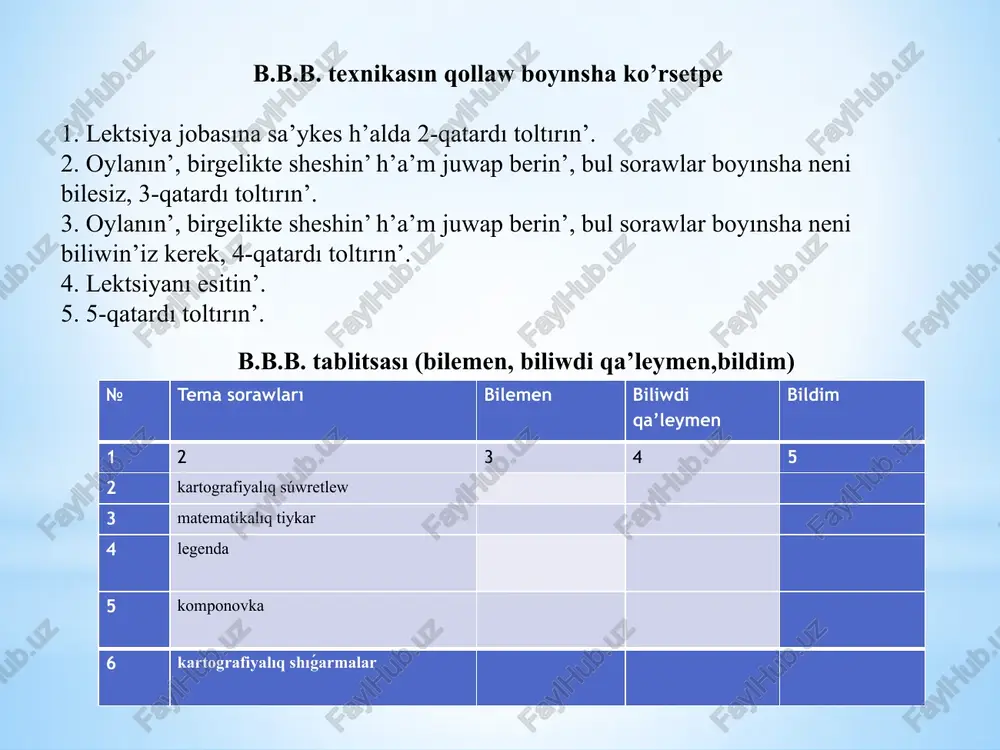 slardıń orınlanıwında ekonomika tarawlarınıń kúndelikli hám perspektivadaǵı talapların úyreniw, bul jumıslardıń jolǵa qoyılıwın shólkemlestiriw, qadaǵalaw, nátiyjeliligin asırıw hám t.b.; 3. kartografiyanıń áhmiyetli máselelerine tiyisli teoriyalıq, ámeliy hám metodikalıq jumıslarına jeterli itibar beriw hámde bul mashqalalar menen shuǵıllanatuǵın barlıq mekemeler hám qánigeler arasındaǵı óz-ara qatnasıqtı jolǵa qoyıw, olardıń hár qıylı dárejedegi ilimiy-ámeliy ánjumanlarda aktiv qatnasıwın támiyinlew; kartografiyanıń tiykarǵı ilimiy hám ámeliy wazıypaları tómendegilerden ibarat: 4. aerokosmofotosemka materialları tiykarında tábiyiy resurslar hám basqa social-ekonomikalıq sharayatlardı izertlew hám olardı kartaǵa alıwdı jedellestiriw; 5. ilimiy-izertlew jumıslarınıń materiallıq-texnikalıq bazasın zamanógey aldıńǵı texnologiyalar menen jańalaw hám bul taraw qánigelerin dúnya standartları dárejesinde tayarlawdı jolǵa qoyıw; 6. kartografiyalıq hám aerokosmoslıq izertlew metodlarına baylanıslı monografiyalardı, sabaqlıqlardı, ilimiy-metodikalıq kórsetpeler hám qollanbalardı anıq reje sheńberinde tayarlaw hám olardı jeterli muǵdarda baspadan shıǵarıw;; kartografiyanıń tiykarǵı ilimiy hám ámeliy wazıypaları tómendegilerden ibarat: 7. oqıw karta hám atlaslarınıń tematikası hám mazmunın búgingi kún talapları dárejesine kóteriw hám olardıń jańa úlgi dástúr hám sabaqlıqlarǵa …