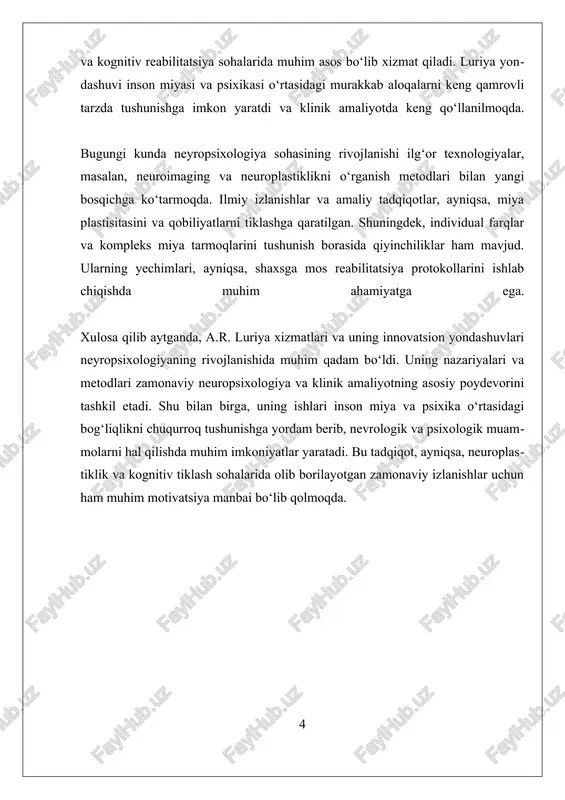 lishlarini baholash va ularni tiklash bo‘yicha tizimli yondashuvni taqdim etadi. bu asar, shuningdek, neurorehabilitatsiyaning muhim asosi bo‘lib, klinik amaliyotda keng qo‘llaniladi. luriyaning yondashuvi, uning nazariy va amaliy ishlari, nafaqat sovet, balki dunyo miqyosidagi neuropsixologiya rivojiga katta ta’sir ko‘rsatdi. u, shuningdek, ta’lim va pedagogik sohalarda ham faol bo‘lib, yosh psixologlar va nevrologlar uchun metodologik asoslar yaratdi. bu yondashuv, muayyan miya qismlari va ularning funksiyalarini o‘rganishga qaratilgan keng qamrovli model bo‘lib, zamonaviy neuropsixologik tadqiqotlar va klinik amaliyotlarda muhim asos bo‘lib qolmoqda. shu bilan birga, a.r. luriyaning xizmatlari davom etmoqda va uning metodlari zamonaviy neuroimaging texnologiyalari bilan boyitilmoqda. neuroplasticite, ya’ni, miya muayyan sharoitlarda yangi bog‘lanishlar hosil qilish va funktsiyalarni tiklash imkoniyatlari, unga asoslangan metodlar bilan keng tadqiq qilinmoqda. bu esa, kognitiv tiklanish va individual rehabilitatsiya dasturlarini ishlab chiqishda muhim ahamiyat kasb etadi. luriyaning yondashuvi va metodlari, shuningdek, rivojlanishdagi muammolar, shaxsiy farqlar va murakkab miya tarmoqlarini tushunishdagi qiyinchiliklarni hal qilishda asos bo‘lib qolmoqda. xulosa …