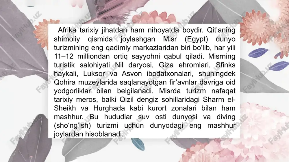 . asosiy sayyohlar oqimi – yevropa, osiyo va shimoliy amerikadan. mintaqa asosiy davlatlar turizm turlari mashhur obyektlar va yo‘nalishlar afzalliklar muammolar shimoliy afrika misr, tunis, marokash, jazoir madaniy, tarixiy, plyaj giza ehromlari, kartaago xarobalari, marrakesh bozorlari, qizil dengiz kurortlari boy madaniyat, tarixiy meros, transport qulayligi siyosiy beqarorlik, iqlim issiqligi sharqiy afrika keniya, tanzaniya, uganda, ruanda safari, ekoturizm, tog‘ turizmi serengeti, kilimanjaro, viktoriya ko‘li, masai mara boy fauna va flora, ekoturizm infratuzilmasi transport tizimi zaif, sog‘liq xavflari janubiy afrika jar, namibiya, mozambik, botsvana plyaj, vino, sport, sarguzasht kruger park, table mountain, sun city, durban kuchli infratuzilma, barqaror siyosat, yuqori servis narxlarning yuqoriligi g‘arbiy afrika gana, senegal, benin, nigeriya madaniy, tarixiy, “dark tourism” gore oroli, elmina forti, lagos festivallari mahalliy madaniyat, afro-musika, tarixiy turizm infratuzilma zaif, xavfsizlik past markaziy afrika kamerun, kongo, gabon, ekvatorial gvineya ekoturizm, ekspeditsiya, ilmiy turizm loango parki, kongo o‘rmonlari, gorillalar hududi tabiatning asl holati, o‘rmon boyligi yo‘llar zaif, …