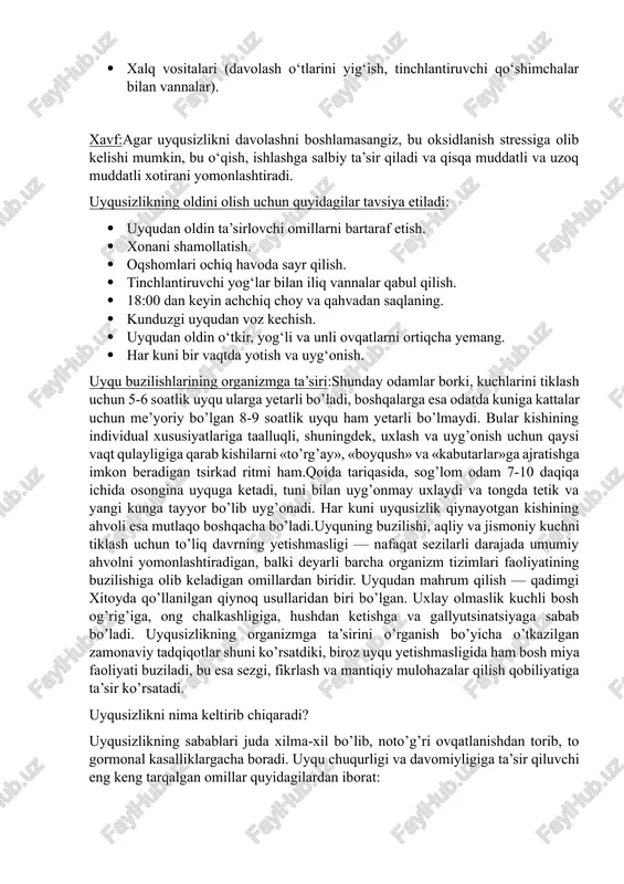 lib, noto’g’ri ovqatlanishdan torib, to gormonal kasalliklargacha boradi. uyqu chuqurligi va davomiyligiga ta’sir qiluvchi eng keng tarqalgan omillar quyidagilardan iborat: noqulay yoki noodatiy uyqu uchun sharoitlar: shovqinli yoki yorug’ xonalar, issiq, sovuq, xonada kislorod miqdorining kamligi, tutun aralashmalari, ayniqsa tamaki tutuni, o’tkir hidlar, noqulay to’shak, yostiq va hokazo. yotishdan oldin yoki kun davomida asab faoliyatini rag’batlantiradigan oziq-ovqat, ichimlik yoki preparatlarni qabul qilish (qahva, ko’k choy, shokolad, kola, va kofein va guarana asosli «tetiklashtiruvchi» ichimliklar). tamaki tutunida mavjud bo’lgan nikotin hatto passiv chekishda ham uyquga salbiy ta’sir ko’rsatadi; turmush tarzidagi o’zgarishlar, shu jumladan qisqa muddatli: sayohat, ish safari, mehmonchilikka borganda, ish, yashash joyini, nikoh holatini o’zgartirish; stress holatlari, ayniqsa, noxush hodisa va fikrlarni «qo’yib yubormaydigan» rigid xususiyatli, kuchli emotsional shaxslarda. surunkali uyqusizlikdan aziyat chekayotgan insonlar muammosi alohida ajratiladi. ko’pincha ularni tun yaqinlashib kelishining o’zi qo’rqitadi, ularda «menda uyqusizlik borku, qanday qilib uxlayman?» degan savol doirasi hosil bo’ladi, bu o’z navbatida stress …