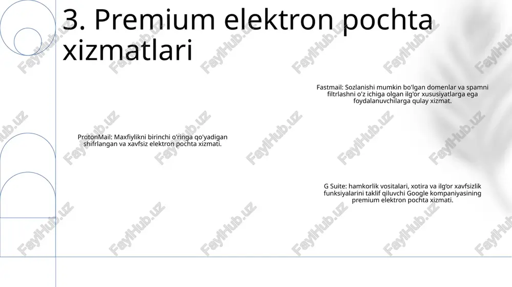 ni qo'llab-quvvatlashni taklif qiladigan bepul elektron pochta xizmati. yahoo mail: sozlanishi interfeys, kuchli qidiruv funksiyasi va keng ko'lamli qo'shimchalarni ta'minlovchi yahoo-ning bepul elektron pochta xizmati. 10. bulutga asoslangan elektron pochta xizmatlari imap (internet message access protocol): foydalanuvchilarga masofaviy serverda saqlangan elektron pochta xabarlariga bir nechta qurilmalardan kirish, ularni sinxronlashtirish imkonini beradi. pop3 (post office protocol): elektron pochta xabarlarini uzoq serverdan mahalliy kompyuterga yuklaydi va ularni serverdan olib tashlaydi. exchange server: rejalashtirish, kontaktlarni boshqarish va pochta qutisini almashish kabi ilg'or xususiyatlarni ta'minlovchi xususiy microsoft elektron pochta serveri. 11. birgalikda elektron pochta xizmatlari tranzaksiyaviy elektron pochta turlari: muhim aloqa - tranzaksiyaviy elektron pochta xabarlari buyurtmani tasdiqlash, jo'natish bildirishnomalari va hisob yangilanishlarini o'z ichiga olgan maxsus maqsadlarga xizmat qiladi. - ular veb-sayt yoki ilovada foydalanuvchilar tomonidan amalga oshirilgan harakatlar tufayli yuzaga keladi. ommaviy elektron pochta turlari: ommaviy targ‘ibot – ommaviy elektron pochta xabarlari marketing maqsadlarida oluvchilarning katta ro‘yxatiga yuboriladi. - ular mahsulotlar, xizmatlar …