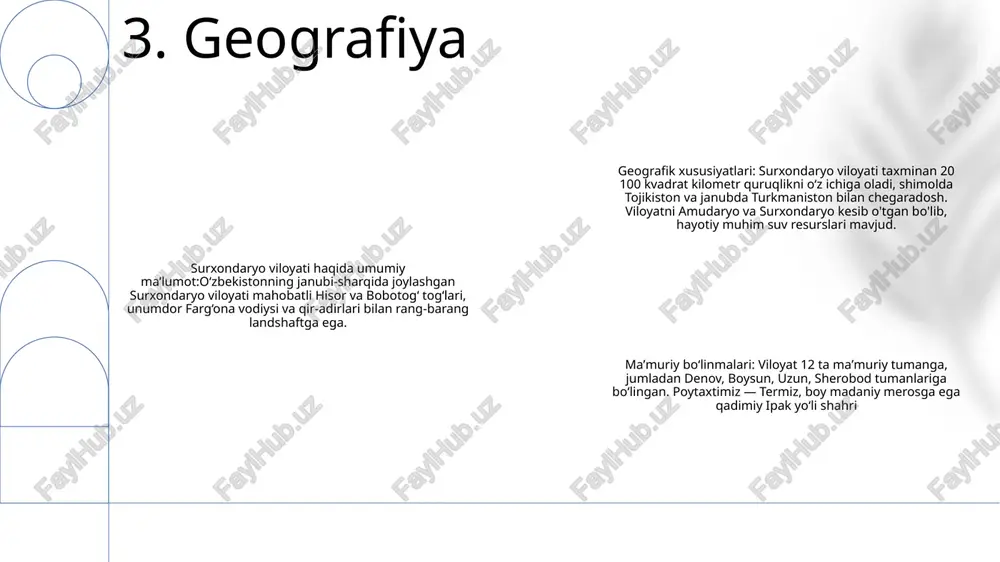 a monastirlar, stupalar va istehkomlar mavjud bo'lib, ular mintaqaning boy madaniy merosini namoyish etadi. 8. turizm madaniy meros: surxondaryo oʻzining boy madaniy merosi, jumladan, qadimiy arxeologik yodgorliklar, tarixiy obidalar, anʼanaviy hunarmandchilik va xalq ogʻzaki ijodi bilan mashhur. teatr va sahna san'ati: mintaqa jonli teatr sahnasiga ega, bir nechta teatrlar va tomosha maydonchalari turli xil spektakllarni, jumladan an'anaviy va zamonaviy spektakllarni, musiqa va raqslarni namoyish etadi. muzeylar va galereyalar: surxondaryoda viloyatning tarixiy, madaniy va badiiy merosini namoyish etuvchi bir qancha muzey va sanʼat galereyalari joylashgan. bu muassasalar tashrif buyuruvchilarga mintaqaning o‘tmishi va buguni haqida tushuncha beradi. 9. madaniyat surxondaryo viloyati oʻrta taʼlim boshqarmasi: oʻzbekiston respublikasi surxondaryo viloyatida oʻrta taʼlimni nazorat qilish va boshqarish uchun masʼul. uning mas'uliyatiga o'quv dasturlarini ishlab chiqish, o'qituvchilar malakasini oshirish va talabalarni baholash kiradi. surxondaryo viloyati xalq ta’limi boshqarmasi: surxondaryo viloyatidagi barcha ta’lim tizimini, ya’ni maktabgacha ta’limdan to o‘rta ta’limgacha nazorat qiluvchi boshlang‘ich tashkilot. u o‘rta ta’lim …