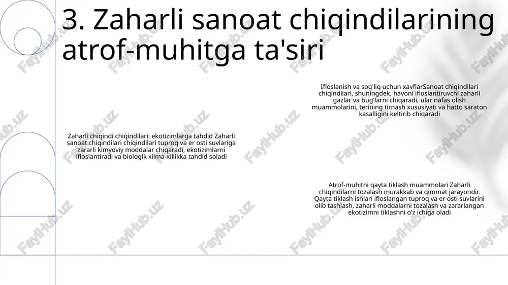 i suv o'tkazmaydigan materiallar bilan qoplash yomg'ir suvi infiltratsiyasi va oqava suv hosil bo'lishining oldini oladi, er osti va er usti suvlarining ifloslanishini kamaytiradi. bioremediatsiya: axlatxonalarda ifloslantiruvchi moddalarni parchalash yoki olib tashlash uchun mikroorganizmlar yoki o'simliklardan foydalanish. bu usul chiqindilarning toksikligi va hajmini kamaytirishda samarali bo'lishi mumkin. 9. kontaminatsiyalangan poligonlarni qayta tiklash chiqindilarni joylashtirish mezonlari: qoidalar chiqindilarni ekologik jihatdan sog'lom utilizatsiya qilishni ta'minlash va yuzaga kelishi mumkin bo'lgan xavflarni minimallashtirish uchun poligonni loyihalash, qurish va ishlatish uchun minimal mezonlarni belgilaydi. monitoring va hisobot berish: normativ-huquqiy bazalar chiqindilarni qabul qilish, oqava suvlarni hosil qilish va er osti suvlari sifatini o'z ichiga olgan, yuzaga kelishi mumkin bo'lgan muammolarni erta aniqlash imkonini beruvchi poligon operatsiyalarini muntazam monitoring qilish va hisobot berishni talab qiladi. yopish va yopilgandan keyingi parvarishlash: qoidalar poligonning ishlash muddati tugagandan keyin atrof-muhit ifloslanishining oldini olish va inson salomatligi va xavfsizligini himoya qilish uchun poligonni to'g'ri yopish va yopilgandan keyin parvarish …