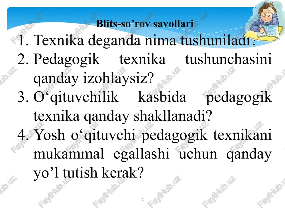 ­lash­tirishda kasbiy jihatdan o‘z-o‘zini tarbiyalash, ya’ni talabalik yillarida o‘zida tajribali o‘qituvchilarning shaxsiy fazilatlarini va kasbiy mala­kalarini shakllantirishga qaratilgan faoliyat yetakchi rol o‘ynaydi, deb ay­tish mumkin. kasbiy ideal sari intilishda bu harakat pedagogik texni­kani egallashda muhim rol o‘ynaydi. 17 18 o’qituvchining pedagogik texnikasini shakllantirish yo’llari o‘qituvchi pedagogik faoliyatida pedagogik texnikaning ko‘nikma va malakalarini mukammal takomillashtirgan holda o‘z mahoratini oshi­rish uchun quyidagi jarayonlarni bilishi lozim: pedagogik texnika malakalarini mukammal egallash uchun avva­lo, o‘qituvchi o‘z fanini, o‘qitadigan predmetining boshqa fanlar bilan o‘zaro aloqadorlikda bilishi, pedagogik va axborot texno­logi­yalarini, pe­da­­gogika va psixologiya fanlari asoslarini davr taraqqiyoti darajasida bilishi, kasbiy jihatdan o‘z-o‘zini tarbiyalay oladigan bo‘lishi zarur. e’tiboringiz uchun rahmat! 19 image9.jpeg image10.gif image11.png image12.png image13.png image14.gif image15.png image16.png image17.jpeg image181.jpeg image191.jpeg image7.jpeg image20.png image21.png image22.png image23.png image24.gif image25.jpeg image26.gif image2.jpeg image3.jpeg image4.png /docprops/thumbnail.jpeg