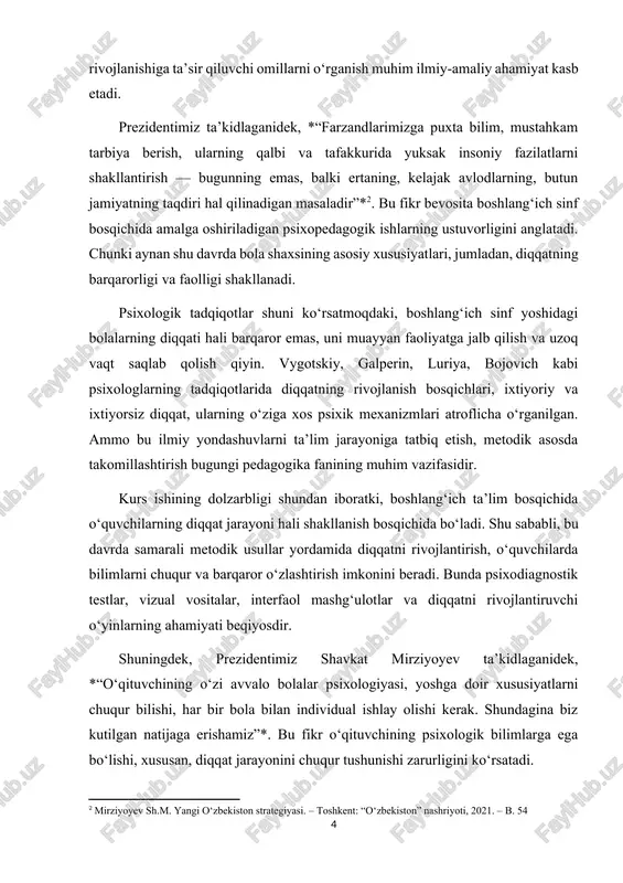 ikalarini tahlil qilish; · eksperimental tadqiqot asosida o‘quvchilarning diqqat holatini o‘rganish; · amaliy tavsiyalar ishlab chiqish. kurs ishining obyekti: toshkent viloyati toshkent tumani 2-umumiy o’rta ta’lim maktabining 4 “a” va “b” sinf oquvchilariyu kurs ishining predmeti: boshlang‘ich sinf o‘quvchilarida diqqatning shakllanishi va rivojlanish jarayoni. kurs ishining metodlari: · korrektur sinovi metodikasi · diqqatni aniqlash testi · krepelin jadvali · shulte jadvali kurs ishining ilmiy yangilik: tadqiqotda zamonaviy psixodiagnostik metodikalar va o‘yinli mashqlar asosida diqqat darajasining baholanishi, ularning amaliyotda qo‘llanish imkoniyatlari tahlil qilindi. kurs ishining nazariy ahamiyat: psixologik adabiyotlar asosida diqqat tushunchasining nazariy asoslari chuqur tahlil qilindi. kurs ishining amaliy ahamiyat: olingan natijalar asosida boshlang‘ich sinf o‘qituvchilari uchun psixologik tavsiyalar ishlab chiqildi. i bob. diqqatning psixologik-pedagogik asoslari 1.1. diqqat tushunchasining ilmiy-nazariy asoslari psixik jarayonlar orasida diqqat inson faoliyatining muvaffaqiyatli amalga oshishida asosiy rol o‘ynaydi. u orqali subyekt tashqi va ichki olamdagi ob'ektlarga ongli ravishda e’tibor qaratadi, muhim axborotni ajratib oladi va …