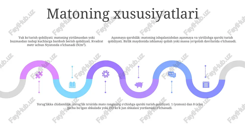 lajak avlodlarning o'z ehtiyojlarini qondirish qobiliyatiga putur etkazmasdan hozirgi kun ehtiyojlarini qondiradigan amaliyotlarni nazarda tutadi. paxta mahsulotlarining sifat ko‘rsatkichlari: paxta mahsulotlarining tola uzunligi, mustahkamligi va rangi kabi sifat ko‘rsatkichlari, ularning turli qo‘llanilishiga yaroqliligini belgilaydi. axloqiy mulohazalar 01 02 03 axloqiy mulohazalar:- yetkazib berish zanjiri bo‘ylab adolatli savdo amaliyotini ta’minlash.- ekish va qayta ishlash jarayonida atrof-muhitga zarar yetkazmaslik. to'qimachilik mahsulotlarining sifat ko'rsatkichlari:- tashqi ko'rinishi: rangi, teksturasi, pardasi va yorqinligi.- jismoniy xususiyatlari: mustahkamligi, elastikligi, namlikni singdirish va nafas olish qobiliyati.- chidamlilik: eskirish va yirtish, rangsizlanish va qisqarishga qarshilik. to'qimachilik mahsulotlari uchun sifat standartlari:- iso 9001 kabi xalqaro standartlar izchil sifatni ta'minlaydi.- sanoatga xos standartlar turli to'qimachilik turlari uchun minimal talablarni belgilaydi.- hukumat qoidalari xavfsizlik va iste'molchilar huquqlarini himoya qilish bo'yicha ko'rsatmalarni ta'minlaydi. sales 1st qtr 2nd qtr 100 0 sales 1st qtr 2nd qtr 100 0 sales 1st qtr 2nd qtr 100 0 sertifikatlash va standartlar ayran mahsulotlarini sertifikatlash va standartlari. ayran …