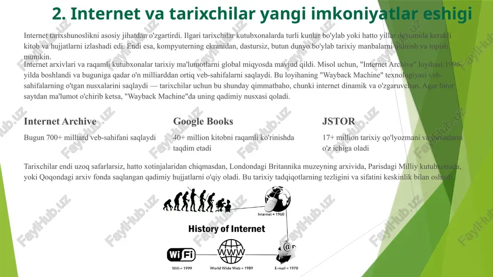 vjud qildi. 7 internet bugungi kunda tarixiy tadqiqotlar olib borishda eng muhim vositalardan biriga aylangan. u tarixchilar uchun nafaqat axborot manbai, balki tahlil, izlanish, muloqot va nashr jarayonlarini yengillashtiruvchi global platforma hisoblanadi. avvalo, internet orqali tarixchi olimlar dunyoning turli burchaklaridagi arxivlar, kutubxonalar va muzeylarning raqamli fondlariga kirish imkoniga ega bo‘ldilar. bu esa tarixiy manbalarni topish, taqqoslash va tahlil qilish jarayonini ancha tezlashtirdi. masalan, ko‘plab milliy arxivlar o‘z hujjatlarini onlayn shaklda taqdim etmoqda, bu esa tadqiqotchilarga o‘z mamlakatidan chiqmasdan xalqaro darajadagi manbalar bilan ishlash imkonini bermoqda. shuningdek, internet vositalari tarixiy ma’lumotlarni saqlash va targ‘ib etishda ham katta ahamiyatga ega. elektron ensiklopediyalar, onlayn maqolalar bazalari va tarixiy veb-saytlar orqali tadqiqotchilar o‘z ishlarini keng jamoatchilikka taqdim etishlari mumkin. internetning yana bir afzalligi — global hamkorlik va ilmiy muloqotni kuchaytirishidir. tarixchilar onlayn konferensiyalar, forumlar va ilmiy tarmoqlar orqali o‘zaro fikr almashib, yangi ilmiy loyihalarni birgalikda amalga oshirish imkoniga ega bo‘ldilar. xulosa qilib aytganda, internet …