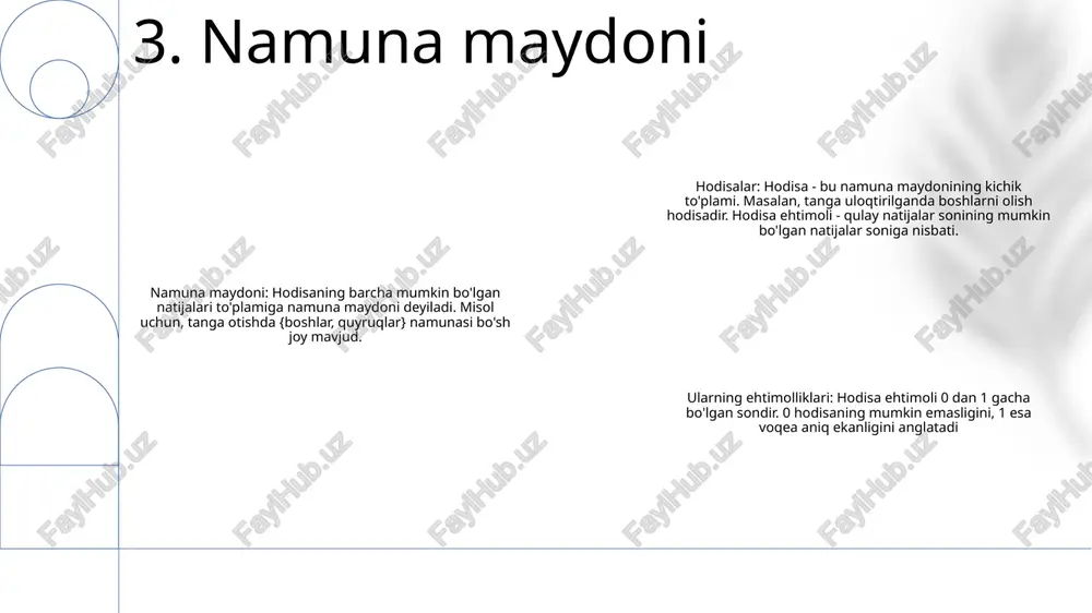 ir bo'lish ehtimoli. ularning ehtimolliklari: voqealarning ehtimoli. hodisa ehtimoli 0 (mumkin emas) dan 1 (aniq) gacha. 12. kutilgan qiymat standart og'ish: bu ma'lumotlar to'plamidagi qiymatlarning o'rtacha qiymatdan qanchalik og'ishini o'lchaydigan statistik ma'lumot. voqealar: muayyan natijaga olib keladigan hodisalar yoki vaziyatlar. hodisalarga turli xil ehtimollar tayinlanishi mumkin. probabilities: voqea sodir bo'lish ehtimolining o'lchovi. u 0 (mumkin emas) va 1 (aniq) orasidagi qiymatni oladi. 13. standart og'ish e'tiboringiz uchun rahmat @taqdimot_robot image1.png /docprops/thumbnail.jpeg