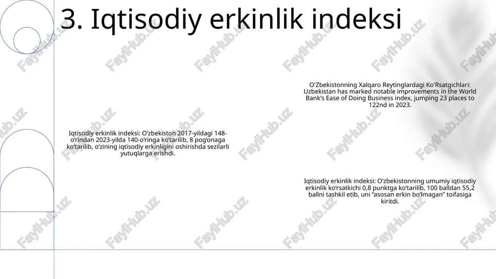 n dalolat beradi. 8. global tinchlik indeksi 1: o‘zbekistonning 2022 yildagi baxt indeksi 10 tadan 5,28 ballni tashkil etib, 156 davlat orasida 82-o‘rinni egalladi. 2: 2022 yilgi jahon baxti hisobotida o‘zbekiston o‘z reytingini o‘tgan yilga nisbatan 10 pog‘onaga yaxshilagan. 3: o‘zbekistonning baxt ko‘rsatkichiga daromad, salomatlik, ijtimoiy qo‘llab-quvvatlash, erkinlik, saxovat va ishonch kabi omillar ta’sir ko‘rsatadi. 9. baxt indeksi 1. raqamli raqobatbardoshlik reytingi raqamli raqobatbardoshlik mamlakatning iqtisodiy o‘sishni rag‘batlantirish, jamiyat farovonligini oshirish va global raqamli iqtisodiyotda raqobatbardoshligini oshirish uchun raqamli texnologiyalardan qanchalik to‘g‘ri foydalanishini baholaydi. 2. o'zbekistonning xalqaro reytinglardagi ko'rsatkichlario'zbekistonning xalqaro reytinglardagi reytingi so'nggi yillarda izchil yaxshilanib bormoqda. 2021-yilgi raqamli raqobatbardoshlik reytingida o‘zbekiston 134 davlat orasida 64-o‘rinni egalladi, 2020-yildagi 83-o‘rindan. 3. o'zbekistonning o'ziga xos kichik indekslar bo'yicha ko'rsatkichlari o'zbekiston "raqamli infratuzilma" subindeksida ayniqsa yaxshi natija ko'rsatdi va u 134 mamlakat ichida 45-o'rinni egalladi. bu mamlakatda keng polosali internet va mobil aloqa tarmoqlaridan foydalanish imkoniyatlarini kengaytirish borasida erishilgan yutuqlarni aks ettiradi 10. …