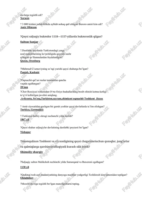 gishli sirdaryo va amudaryo havzalari qaysi qabilalar tomonidan egallangan? xioniylar ?rus noibi polkovnik konshevskiy qaysi qo‘zg‘olonning bostirilishiga oid chora-tadbirlar ko‘rgan edi? andijon ?“tarbiyayi atfol” jamiyati 1911-yilda ... nafar, 1912-yil ... nafar talabani ... ga o‘qishga yuborgan? 1911 yil 15 nafar, 1912 yil 30 nafar turkiyaga ?1916-yil qaysi shaharda bo‘lgan qo‘zg‘olon natijasida 2 ta mirshab va 63 ta qo‘zg‘olonchi o‘ldirilgan? eski margilon ?.buxoro amiri abdulahad hukmronlik qilgan yillarni aniqlang. 1885-1910 yillar ?o’rta osiyoda 150 yilcha hukmronlik qilgan sulolani aniqlang. ashtarxoniylar ?shayboniy abdullaxon ii vafot shaharni aniqlang. samarqand ? ≪imom uz-zamon, xalifat ur-rahmon≫ nomlari bilan ulug’langan hukmdorni aniqlang? shayboniyxon ?qadimgi buyuk ipak yo’li qaysi shahardan boshlangan? xitoyning sian shahridan ?buxoro xonligi shaharlarida qaysi sulola davrida 150 dan ortiq madrasalar mavjud bo’lgan? ashtarxoniylar ? respublika baynalmilal madaniyat markazi qachon tashkil etilgan? 1992 yil 13 yanvar ? 1346-yili chig‘atoy ulusi xoni qozonxon kim tomonidan o’ldirilgan? amir qazog’on ?movarounnahr va xuroson hududlarida somoniylar davlati hukm …