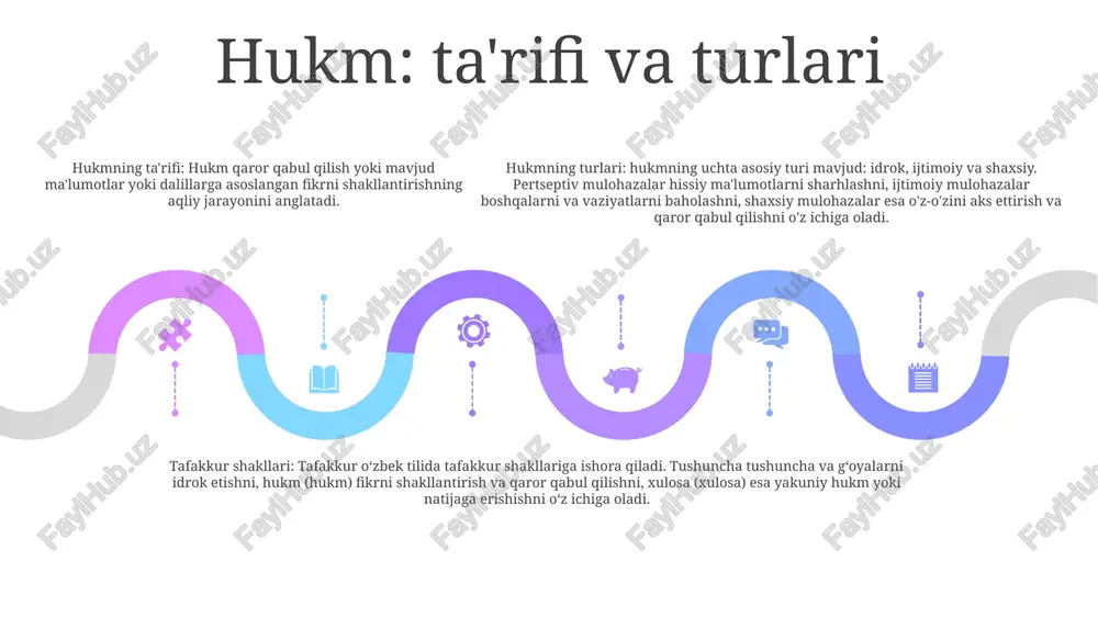 salar chiqarish, ma'lumotlarni umumlashtirish va mavjud dalillar va chiqarilgan hukmlar asosida yakuniy tushuncha yoki qarorga kelishni o'z ichiga oladi. ta'lim va qaror qabul qilishda fikrlash shakllari ta'limdagi kognitiv jarayonlar:- idrok ta'lim sharoitida idrok etish, tushunish, eslab qolish, baholash va muammolarni hal qilishni o'z ichiga oladi.- o'qituvchilar so'rovga asoslangan ta'lim, tanqidiy fikrlash mashqlari va meta-idrok orqali kognitiv rivojlanishni ta'minlaydi. mulohaza yuritish va mantiqiy fikrlash:- mulohaza yuritish fikrlarni birlashtirish, xulosalar chiqarish va muammolarni hal qilish uchun aqliy operatsiyalardan foydalanishni o'z ichiga oladi.- mantiqiy fikr argumentlarni baholash va to'g'ri xulosalar chiqarish uchun mantiq qoidalariga amal qiladi. hukm va qaror qabul qilish:- hukm fikrni shakllantirish yoki tanlov qilish uchun xulosalar chiqarish va dalillarni baholashni o'z ichiga oladi.- qaror qabul qilish qadriyatlar, xavflar va oqibatlarni hisobga olgan holda bir nechta variantlar orasidan harakat yo'nalishini tanlashni o'z ichiga oladi. huquqiy tizimda fikrlash shakllari add text add text add text add text add text add text 3. …