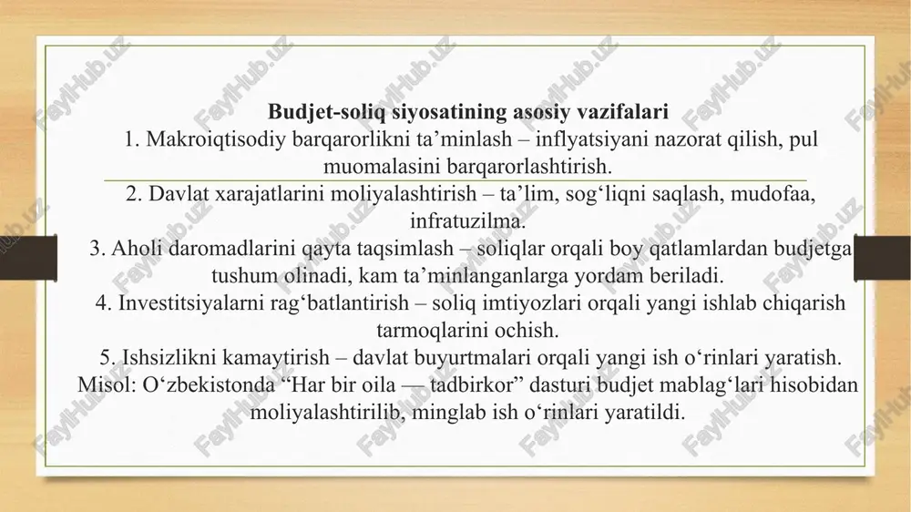 al etish yo‘llari va istiqbollar • soliq ma’murchiligini takomillashtirish. • raqamli texnologiyalarni keng joriy etish. • davlat xarajatlarini tahlil qilish tizimini kuchaytirish. • mahalliy budjetlarning mustaqilligini oshirish. • “yashil soliq tizimi”ni joriy etish — ekologik loyihalarni rag‘batlantirish. kelajakda fiskal siyosatning asosiy maqsadi — samaradorlik, shaffoflik va ijtimoiy adolatni ta’minlash bo‘ladi. xulosa budjet-soliq siyosati — bu davlatning iqtisodiyotni boshqarishdagi asosiy mexanizmlaridan biri bo‘lib, u ishlab chiqarish, bandlik va ijtimoiy barqarorlikka bevosita ta’sir ko‘rsatadi. uning muvaffaqiyatli amalga oshirilishi natijasida: • iqtisodiy o‘sish barqarorlashadi, • ijtimoiy adolat ta’minlanadi, • investitsion muhit yaxshilanadi, • davlatning moliyaviy mustaqilligi ortadi. o‘zbekiston tajribasi shuni ko‘rsatmoqdaki, fiskal barqarorlik — bu iqtisodiy mustahkamlikning asosi, samarali soliq siyosati esa iqtisodiy yuksalishning kalitidir. e’tiboringiz uchun rahmat image5.png image6.png image7.jfif image8.jpg image9.jfif image10.jpg image3.png image4.png /docprops/thumbnail.jpeg