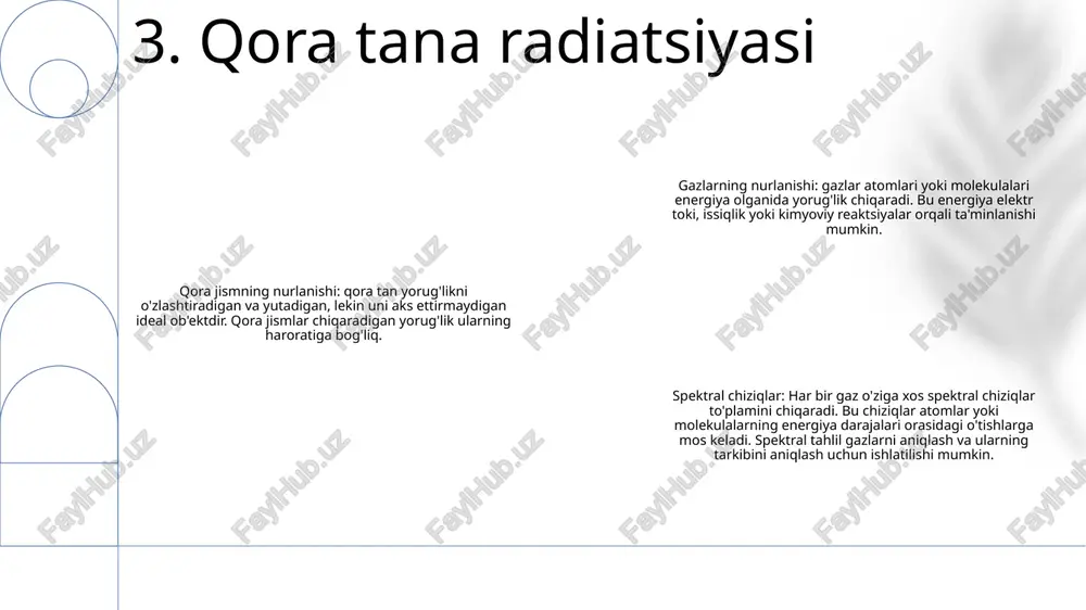 tibbiyot (masalan, lazerli jarrohlik), ishlab chiqarish (masalan, lazerni kesish) va ilmiy tadqiqotlar (masalan, lazer spektroskopiyasi) kabi turli sohalarda keng qo'llanilishini topadi. 9. lazerlar va yorug'likni kuchaytirish masers: astronomiya va zondlashda ishlatiladigan mikroto'lqinli o'tishlarni stimulyatsiya qilish orqali kogerent nurlanish chiqaradigan qurilmalar. mikroto'lqinli pechni kuchaytirish: uyg'unlikni saqlagan holda signalga energiya qo'shadigan qurilma yordamida mikroto'lqinli signallarning kuchini oshirish jarayoni. gazlarning nurlanishi (gazlardan yorug'lik emissiyasi): neon belgilar va lyuminestsent lampalar kabi elektr maydoniga ta'sir qilganda yorug'lik chiqaradigan gazlar hodisasi. 10. masers va mikroto'lqinli kuchaytirish fotoluminesans: material yuqori energiyali elektromagnit nurlanishni yutganda yorug'lik chiqaradigan jarayon. fosforlar: qo'zg'alish to'xtatilgandan keyin bir muddat yorug'lik chiqaradigan fotolyuminesansni ko'rsatadigan ba'zi materiallar. gazlarning nurlanishi (fosforessensiya): oʻzbekcha fosforessensiya atamasi, qoʻzgʻatuvchi manba olib tashlangandan keyin gazdan yorugʻlikning davom etishini bildiradi. 11. fotoluminesans va fosforlar termolyuminesans- kristallar, keramika va shisha kabi ba'zi materiallar yorug'lik ta'siridan keyin qizdirilganda yorug'lik chiqaradigan hodisa.- qadimgi kulolchilik va boshqa artefaktlarning yoshini aniqlash uchun foydalaniladi. gazlarning porlashi - bu …