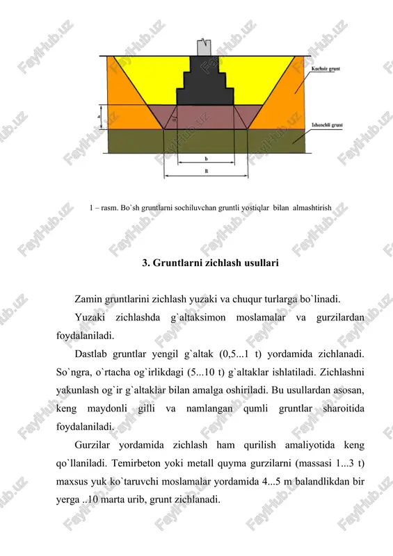 b, ularning kimyoviy birikishi natijasida, qattiq modda -- gel kremniy kislotasi hosil bo`ladi. bu usuldan lyossli gruntlarni sun`iy kuchaytirishda ham keng foydalanish mumkin. bitum yordamida gruntlarni qotirishda, 2000 s atrofida qizdirilgan bitum, maxsus moslamalar yordamida, skvajina orqali grunt g`ovaklariga yuboriladi. bu moslamalar qozondan, nasosdan, uzatuvchi quvurdan va in`ektordan tashkil topadi. gruntlarni sun`iy kuchaytirishda, shuningdek, elektr yordamida qotirish usulidan ham foydalanish mumkin. f.f.reys tomonidan tavsiya etilgan bu usul gruntlardagi suvning elektroosmotik harakatlanishga doir xususiyatiga asoslangan. ma`lumki, gilli grunt zarrachalarini ko`p miqdordagi suv pardalari o`rab turadi. agar, gilli gruntga o`zgarmas elektr toki ta`sir etish bilan bir vaqtda, unga maxsus suyuq qorishma yuborilsa, musbat o`tkazgichdan (anod) manfiy (katod) tomonga qarab, suv harakati boshlanadi. bu esa, o`z navbatida suv bilan birga grunt zarrachalarining harakatlanishiga va natijada ularning zichlanib, qotishiga olib keladi. sun`iy mumlar (smolalar) yordamida asosan qumli va lyossli gruntlar qotiriladi. hozirgi davrda karbomid va furfurol kabi mum turlari qurilishda keng qo`llanilmokda. ular suvda …