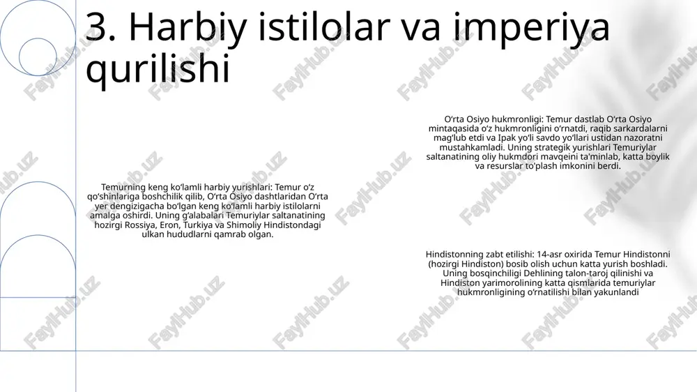 yutuqlar amir temurning diplomatik mahorati: temur qo‘shni davlatlar bilan munosabatlarni mohirlik bilan boshqargan, savdo va madaniy aloqalarni yo‘lga qo‘ygan taniqli diplomat edi. tashqi siyosatning maqsadlari: uning tashqi siyosati oʻz imperiyasining chegaralarini taʼminlash, uning taʼsirini kengaytirish va sharq va gʻarbni bogʻlovchi savdo yoʻllarini oʻrnatishga qaratilgan edi. diplomatik munosabatlar merosi: temurning diplomatik tashabbuslari xalqaro aloqalarni kuchaytirdi, savdo-sotiqni osonlashtirdi va keyingi asrlar davomida markaziy osiyoning siyosiy manzarasiga ta’sir ko‘rsatdi. 9. diplomatik munosabatlar va tashqi siyosat diniy bag'rikenglik: amir temur barcha dinlarni hurmat qilgan va o'z fuqarolariga o'z e'tiqodlarini erkin bajarishlariga ruxsat bergan. plyuralizm: temur imperiyasi madaniyatlar va tillarning erish qozoni bo'lib, turli guruhlar o'rtasida uyg'unlik va birgalikda yashashga yordam berdi. xilma-xillik: temur saroyida intellektual va madaniy almashinuvni rag'batlantirib, turli millatlarga mansub olimlar, ilohiyotchilar va san'atkorlar bor edi. 10. diniy bag'rikenglik va plyuralizm savdo tarmoqlarining kengayishi: amir temurning istilolari sharqni gʻarb bilan bogʻlovchi oʻrta osiyo boʻylab savdo yoʻllarini kengaytirdi. savdo markazlarining tashkil etilishi: temur …