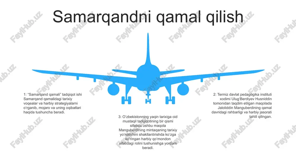 a o‘zbekistonning eng yangi tarixini chuqur o‘zlashtirgan holda yondashdi. u manguberdi hukmronligini kengroq tarixiy doirada kontekstlashtirib, u duch kelgan qiyinchiliklar va imkoniyatlar haqida tushuncha berdi. tahliliy yondashuv: husniddin manguberdining harbiy yurishlari, maʼmuriy siyosati va diplomatik strategiyalarini oʻrganib, tahliliy yondashuvni qoʻlladi. u hukmdor merosiga har tomonlama baho berish uchun turli manbalardan olingan ma’lumotlarni samarali sintez qilgan. 06 05 04 03 02 uning iqtisodiy islohotlari 01 02 1: tarixiy mazmun: jaloliddin manguberdi davridagi o‘zbekistonning siyosiy va iqtisodiy manzarasi, jumladan, mo‘g‘ullar istilosi va xorazm davlatining tanazzulini o‘rganadi. 2: jaloliddin manguberdining harbiy strategiyasi: moʻgʻul qoʻshinlariga qarshilik koʻrsatishdagi yangicha taktika va strategiyalarini tahlil qilib, uning partizanlar urushi va boshqa davlatlar bilan ittifoq tuzganligini taʼkidlaydi. 03 3: meros va ta’sir: jaloliddin manguberdi hukmronligining uzoq davom etgan ta’siri, jumladan, uning xorijiy bosqinchilarga qarshi qarshilik ko‘rsatish ramzi sifatidagi roli, harbiy taktika va strategiyalarni ishlab chiqishga qo‘shgan hissasi ko‘rib chiqiladi. uning madaniy yutuqlari 1: jaloliddin manguberdining harbiy dahosi va …