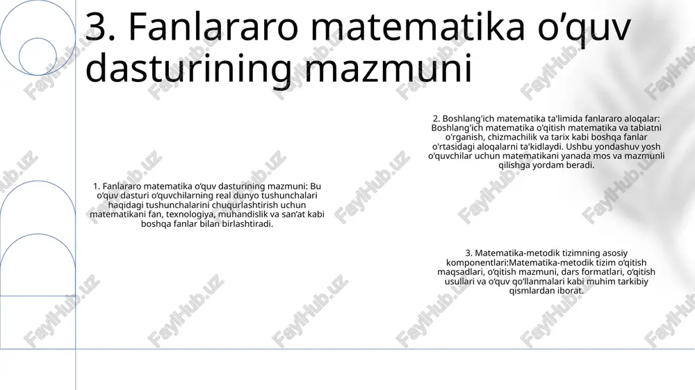 likda ta’limni yo’naltiradi. 3: fanlararo matematika o’qitishda o’quvchilarning bilimini baholash nafaqat matematik ko’nikmalarni, balki fanlar bo’yicha tushunchalarni bog’lash va ularni real vaziyatlarda qo’llash qobiliyatini ham hisobga olishni talab qiladi. 8. fanlararo matematika o’qitishda baholash strategiyalari matematikani fanlararo o‘qitish: o‘quvchilarning faolligini va tushunishni kuchaytirish boshlang‘ich maktablarda fanlararo matematikani o‘qitish matematika va boshqa fanlar o‘rtasidagi aloqani mustahkamlaydi, o‘quvchilar uchun yanada qiziqarli va mazmunli o‘rganish tajribasini yaratadi matematika o'qitish metodologiyasining asosiy komponentlari matematika o'qitish metodologiyasi tizimi bir nechta asosiy komponentlardan iborat: - o'qitish maqsadlari: o'qitishni boshqaradigan va o'quv dasturlari standartlariga muvofiqligini ta'minlaydigan aniq belgilangan maqsadlar. birliklar va darslar matematika o‘qitishda fanlararo aloqalar fanlararo matematikani o‘qitish matematikani boshqa fanlar, jumladan, fan, ijtimoiy fanlar va san’at bilan birlashtirishni o‘z ichiga oladi 9. boshlang‘ich maktablarda fanlararo matematika o‘qitishni amalga oshirish 1. matematikani fanlararo o‘qitishning afzalliklari: o‘quvchilarning faolligini oshiradi, chuqur tushunishni rivojlantiradi va tanqidiy fikrlashni rivojlantiradi. 2. matematikani fanlararo o‘qitishning qiyinchiliklari: o‘qituvchilardan jiddiy rejalashtirish va muvofiqlashtirishni talab …