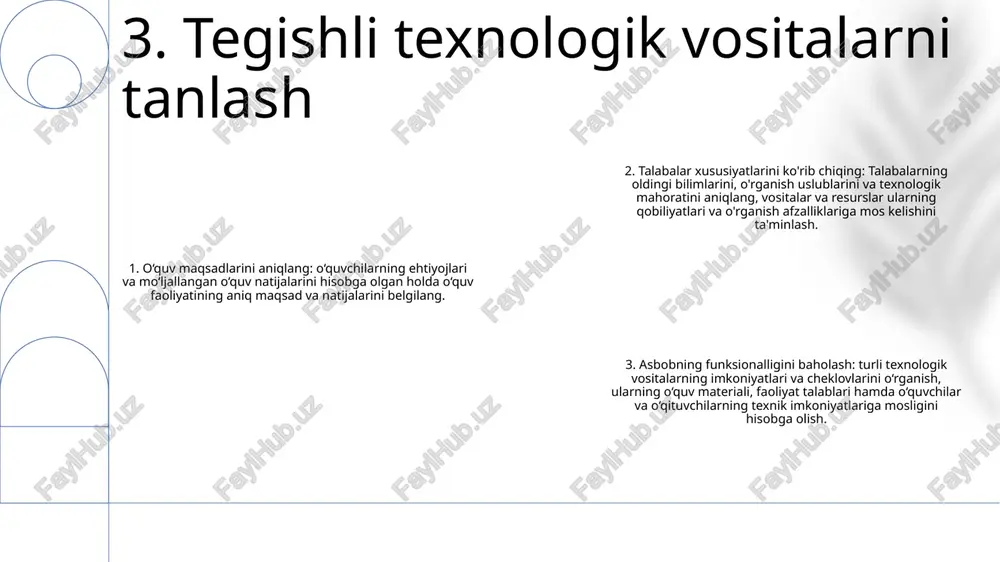 labalar so‘rovlari orqali taraqqiyotni kuzatib boring va o‘quvchilar natijalari to‘g‘risida ma’lumotlarni to‘plang. 2. sifatli fikr-mulohazalar: texnologiyani amalga oshirish bilan bog'liq tajribalar, tasavvurlar va qiyinchiliklar haqida tushunchaga ega bo'lish uchun talabalar, o'qituvchilar va ma'murlardan ochiq fikr-mulohazalarni to'plang. bu kelajakdagi qarorlarni qabul qilish uchun qimmatli sifatli ma'lumotlarni taqdim etishi mumkin. 3. xarajat-foyda tahlili: texnika, dasturiy ta'minot, o'qitish va texnik xizmat ko'rsatish xarajatlarini talaba natijalarining yaxshilanishi, ish yukining kamayishi va ta'lim tajribasini oshirishning mumkin bo'lgan afzalliklarini hisobga olgan holda moliyaviy investitsiyalar va texnologiya integratsiyasining daromadlarini baholang. 9. texnologiyalar integratsiyasining samaradorligini baholash texnologiyani muammosiz integratsiyalash: texnologiya o'rganish tajribasini yaxshilashi kerak, undan chalg'itmasligi kerak. aniq pedagogik maqsadlarga xizmat qiluvchi va dars maqsadlariga mos keladigan vositalarni birlashtirish. faol ta'limni rivojlantirish: talabalarning faolligi va ishtirokini rag'batlantirish uchun texnologiyadan foydalaning. o'rganishni yanada dinamik va interaktiv qilish uchun amaliy mashg'ulotlar, hamkorlikdagi loyihalar va interaktiv simulyatsiyalarni rag'batlantiring. differentsial ta'lim: texnologiya turli xil o'rganish uslublari va ehtiyojlarini qondirishga yordam beradi. o'quvchilarga …