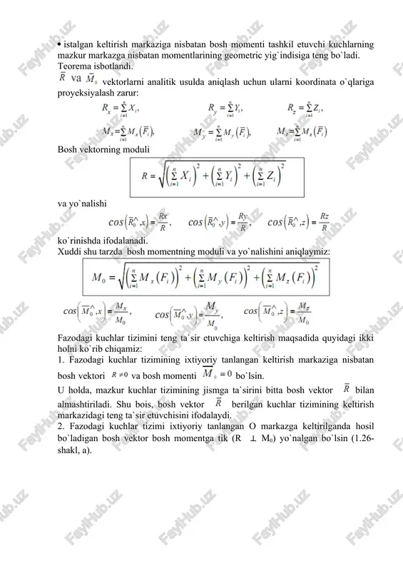 cha (1.13-shakl va 1.12 formulaga qarang): 2.parallel kuchlar tizimi (1.27-shakl). chizmadan ko`rinib turibdiki, kuchlarning ta`siri oy o`qiga parallel bo`lganligi sababli ularning ox o`qlardagi proyeksiyalari nolga teng bo`ladi. shu bois muvozanat shartlari quyidagicha yoziladi: demak, bir tekislikda joylashgan parallel kuchlar tizimi ta`siridagi erkin jism muvozanatda bo`lgani uchun kuchlarning o`zlariga parallel bo`lgan o`qdagi proyeksiyalarining yig`indisi va mazkur kuchlar yotgan tekislikda ixtiyoriy b nuqtaga nisbatan momentlarning yig`indisi nolga teng bo`lishi zarur va yetarlidir. 3. tekislikdagi ixtiyoriy kuchlar tizimi (1.28-shakl). bu kuchlar oz o`qqa perpendikular tekislikda yotganligi bois, ularning mazkur o`qdagi proyeksiyalari nolga tengdir. natijada, (1.28) ning uchinchisi, (1.29)ning birinchi va ikkinchilari ayniyatga aylanadi. barcha kuchlar xoy tekislikda yotganligi sababli ularning oz o`qqa nisbatan momentlari koordinatalar boshi 0 ga nisbatan momentlarning algebraic qiymatiga teng bo`lib qoladi. tekshirilayotgan hol uchun muvozanat shartlari quyidagi ko`rinishga ega: shunday qilib, tekislikdagi kuchlar tizimi ta`siridagi erkin jism muvozanatda bo`lishi uchun kuchlarning koordinata o`qlaridagi proyeksiyalarining yig`indisi va kuchlarning ular yotgan …