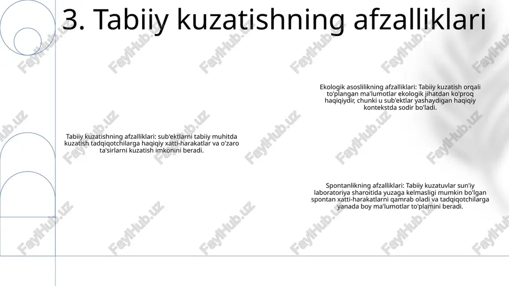 arayonlarni chuqurroq tushunish: tabiiy va laboratoriya sharoitlarida bir xil hodisani kuzatish orqali tadqiqotchilar omillarning o'zaro ta'siri va umumiy natijalarga hissa qo'shishi haqida tushunchaga ega bo'lib, yanada nozikroq tushunishga olib keladi. 9. tabiiy va laboratoriya kuzatuvlarini birlashtirishning afzalliklari xulq-atvordagi farqlar: tabiiy va laboratoriya kuzatuvlarini birlashtirish noto'g'ri xulosalarga olib kelishi mumkin, chunki nazorat ostidagi laboratoriya sharoitida hayvonlarning xatti-harakatlari tabiatdagi xatti-harakatlaridan farq qilishi mumkin. atrof-muhit cheklovlari: laboratoriyalar tabiiy muhitni to'liq takrorlay olmaydi, bu hayvonlarning xatti-harakatlariga ta'sir qilishi mumkin bo'lgan muhim o'zgaruvchilar va sun'iy sharoitlarning etishmasligiga olib kelishi mumkin. cheklangan namuna hajmi: laboratoriya kuzatuvlari odatda tabiiy kuzatuvlarga nisbatan kichikroq namunalarni o'z ichiga oladi, bu esa topilmalarni kattaroq aholi uchun umumlashtirishni qiyinlashtirishi mumkin. 10. tabiiy va laboratoriya kuzatuvlarini birlashtirishning kamchiliklari axborotlangan rozilik: ishtirokchilar kuzatish jarayonida ishtirok etish istagini bildirishlari va xabardor bo'lishlariga ishonch hosil qiling. ularning maxfiyligi va maxfiyligini himoya qiling. chegaralarni hurmat qilish: kuzatish vaqtida tegishli jismoniy va ijtimoiy chegaralarga rioya qiling. ishtirokchilarning shaxsiy …