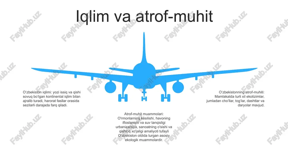 ti: oʻzbekiston mintaqaviy diplomatiya va xavfsizlikda strategik rol oʻynaydi, chunki u turli siyosiy va iqtisodiy manfaatlarga ega boʻlgan bir qancha davlatlar bilan chegaradosh. uning betarafligi turli manfaatdor tomonlar o'rtasida hamkorlik va muloqotni osonlashtirishga imkon beradi. madaniy va tarixiy meros: oʻzbekiston oʻzining boy madaniy va tarixiy merosini namoyish qiluvchi koʻplab yuneskoning butunjahon merosi obʼyektlariga mezbondir. bu joylarga qadimiy shaharlar, arxitektura durdonalari va butun dunyodan sayyohlarni jalb qiluvchi arxeologik qoldiqlar kiradi. 06 05 04 03 02 ta'lim tizimi 01 02 bolalar bog'chasi va maktabgacha ta'lim:- yosh oralig'i: 3-6 yosh- bolalarni boshlang'ich ta'limga tayyorlashga qaratilgan.- faoliyatlar kognitiv rivojlanish, til ko'nikmalari va jismoniy tarbiyani o'z ichiga oladi. boshlang'ich ta'lim:- yosh oralig'i: 6-10 yosh- barcha bolalar uchun majburiy- savodxonlik, hisob-kitob va asosiy fanlarga urg'u beradi.- o'quvchilar 1-4-sinflargacha o'sadi. 03 o'rta ta'lim:- yosh oralig'i: 10-17 yosh- ikki bosqichdan iborat: o'rta maktab (5-9) va katta maktab (10-11).- o'quv rejasida asosiy fanlar (o'zbek, rus, matematika, tarix) va tanlash …