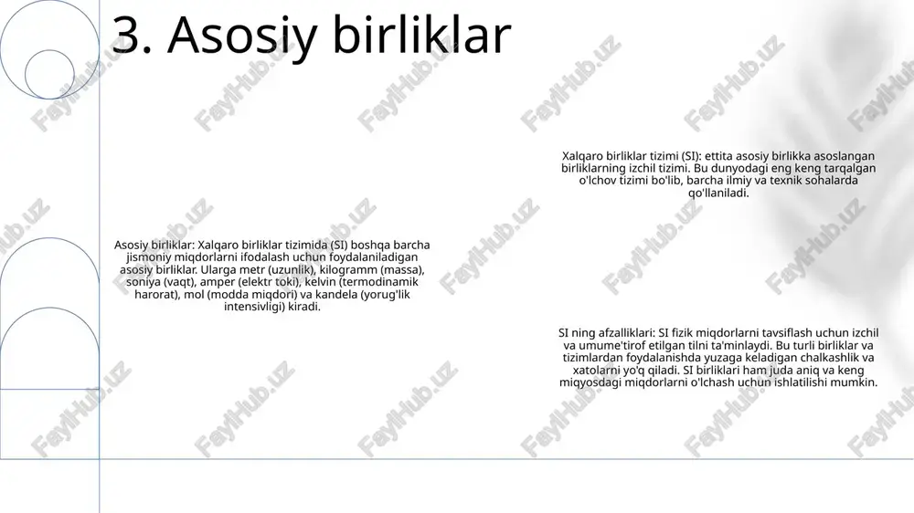 i tizimiga qo'yiladigan talablarni belgilaydigan iso standarti. u tashkilotlarga sifat va mijozlar ehtiyojini qondirishga yordam berish uchun ishlab chiqilgan. 9. xalqaro standartlashtirish tashkiloti (iso) global standartlashtirish: si tizimi 200 dan ortiq mamlakatlarda keng qabul qilinadi va qo'llaniladi, bu butun dunyo bo'ylab olimlar, muhandislar va tadqiqotchilar o'rtasida aloqa va ma'lumotlar almashinuvini osonlashtiradi. kengaytirilgan aniqlik: si birliklari tabiatning asosiy konstantalariga asoslangan holda katta aniqlik bilan aniqlanadi. bu turli laboratoriyalar va sohalarda o'lchovlar va hisob-kitoblarda izchillik va aniqlikni ta'minlaydi. oddiylik va qulaylik: si tizimi sodda va foydalanish uchun qulay bo'lishi uchun yaratilgan. u o'nlik tizimga amal qiladi va oddiy munosabatlar orqali bir-biri bilan bog'lanishi mumkin bo'lgan tayanch birliklardan foydalanadi, bu esa hisob-kitoblarni oson va samaraliroq qiladi. 10. si tizimidan foydalanishning afzalliklari ilmiy tadqiqotlar: si tizimi butun dunyo bo'ylab olimlar uchun universal tilni taqdim etadi, bu ularga ma'lumotlar almashish va natijalarni aniq va izchil taqqoslash imkonini beradi. muhandislik va texnologiya: si tizimi muhandislik va …