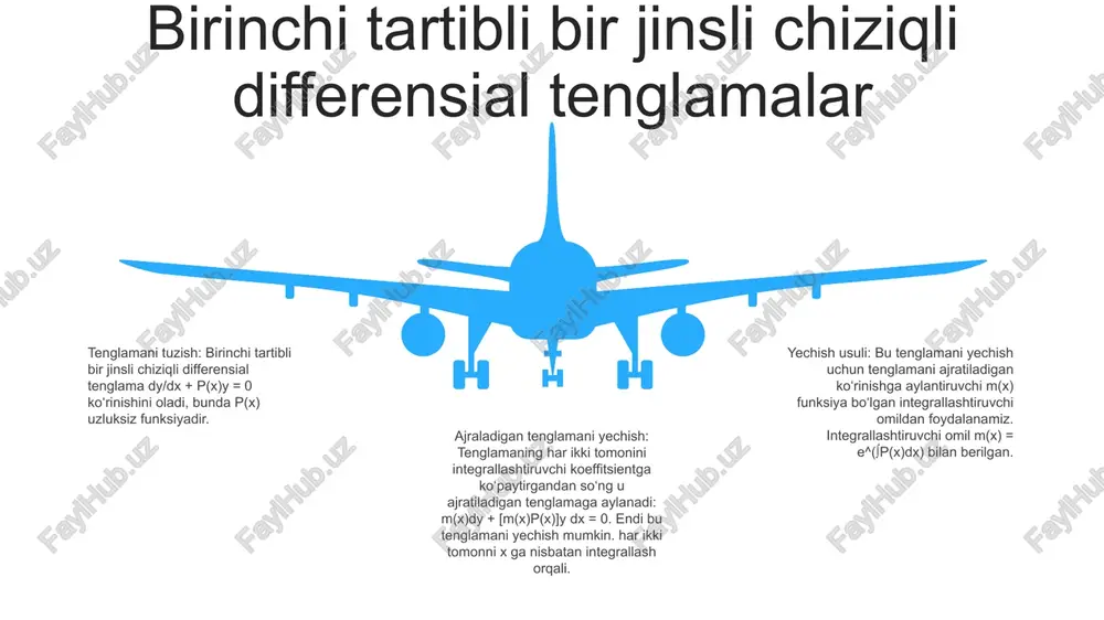 lumlarni ajratish orqali tenglamani echishni o'z ichiga oladi. ajraladigan o'zgaruvchilarga ega bo'lgan differentsial tenglamalar: bu o'zgaruvchilar mahsulotiga yoki bo'linishiga keltirilishi mumkin bo'lgan differentsial tenglamalar. ushbu tenglamalarni o'zgaruvchilarni ajratish usuli yordamida hal qilish mumkin. yechish tartibi: o‘zgaruvchilar ajratilgandan so‘ng, tenglamaning ikkala tomoni ham o‘z o‘zgaruvchilari bo‘lgan ifodalarga bo‘linadi. bu o'zgaruvchilar bir-biri bilan bog'langan va integrallanishi mumkin bo'lgan mustaqil differentsial tenglamalarga olib keladi. 06 05 04 03 02 frobenius usuli 01 02 frobenius usuli: muntazam yagona nuqtalar bilan ikkinchi tartibli differensial tenglamalarni yechish texnikasi. u y = x^r f(x) ko’rinishdagi ketma-ket yechimni topishni o’z ichiga oladi, bunda r doimiy va f(x) darajali qatordir. bir jinsliga keltiriladigan differensial tenglamalar: tegishli almashtirishlar yordamida chiziqli shaklga aylantirilishi mumkin bo'lgan differentsial tenglamalar. ular noma'lum funktsiyaga yoki uning hosilasiga bog'liq bo'lgan koeffitsientga ega bo'lishi bilan tavsiflanadi. 03 ularni yechish:differensial tenglamaning yechimini topish jarayoni. u frobenius usuli, laplas konvertatsiyasi yoki raqamli usullar kabi turli usullarni o'z ichiga olishi …