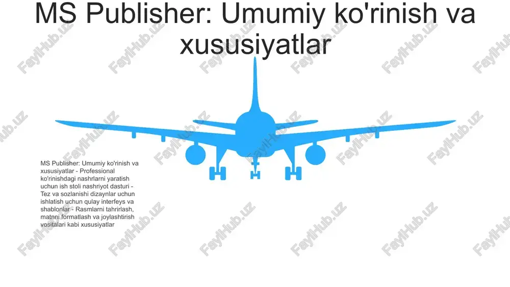 i xususiyatlari - sahifa chetlari va tartibi ms publisher-da maket va dizayn vositalari ms publisher-da maket va dizayn asboblari- sahifani sozlash: sahifa oʻlchamini, yoʻnalishini va chetlarini sozlash imkonini beradi.- qoʻllanmalar va chizgichlar: obyektlarni aniq tekislashda yordam beradi.- shakllar va obʼyektlar: shakllar kutubxonasini, jumladan, chiziqlar, toʻrtburchaklar, va doiralar nashriyot tizimida qo'llaniladigan dasturlar- ms word: oddiy matnli hujjatlar va axborot byulletenlari uchun mos.- ms publisher: broshyuralar, flayerlar va tashrif qog'ozlarini yaratish uchun ideal.- adobe indesign: murakkab maketlar va nashr qilish uchun professional darajadagi dasturiy ta'minot ms publisher dasturi imkoniyatlari- sahifalar dizayni: sizga osonlik bilan professional ko'rinishdagi hujjatlarni yaratish imkonini beradi.- birlashtirish: shaxsiylashtirilgan pochta jo'natmalarini yaratish jarayonini avtomatlashtiradi. konvertlar, nom teglari va boshqalar uchun maxsus teglarni chop etish 06 05 04 03 02 ms publisher-da nashr qilish formatlari 01 02 1. ms publisher-da nashr qilish formatlari- pdf: portativ hujjat formati; keng qabul qilingan va original formatlashni saqlaydi.- xps: xml paper specification; pdf ga …