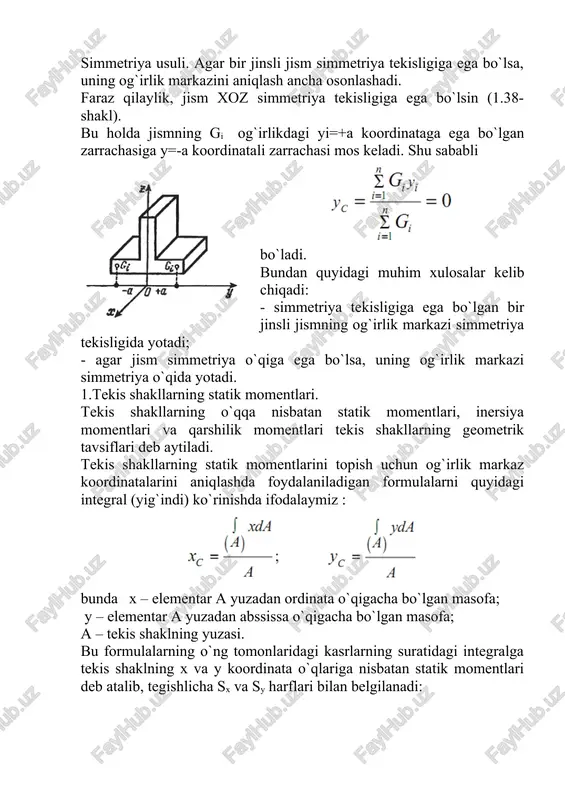 formulalar yordamida o`qlar o`zaro parallel qilib ko`chirilganda inersiya momentlarining o`zgargan qiymatlarini hisoblash mumkin (isbotsiz): bu yerda a0, b0 – markaziy o`qlar bilan yangi o`qlar orasidagi masofalar. quyidagi formulalar yordamida koordinata o`qlari α ≠ 0 burchakka burilganda inersiya momentlarining o`zgargan qiymatlari hisoblanadi (isbotsiz): dastlabki ikkita ifodalarni hadlab qo`shib, o`zaro tik o`qlarga nisbatan olingan inersiya momentlarining yig`indisi o`zgarmas miqdor bo`lib, o`qlarning burilish burchagiga bog`liq emasligiga ishonch hosil qilamiz: 1. to`g`ri to`rtburchak. asosi b va balandligi h bo`lgan to`g`ri to`rtburchakning asosidan o`tuvchi x o`qqa nisbatan inersiya momentini hisoblaymiz (1.40-shakl). buning uchun x o`qidan ixtiyoriy y masofada yuzasi da = b dy ga teng bo`lgan cheksiz yupqa qatlam ajratib olamiz. inersiya momentining ta`rifiga asosan: oxirgi ifodani integrallashda uning 0 dan h gacha o`zgarishini e`tiborga olamiz: xuddi shu tartibda vertikal y o`qqa nisbatan inersiya momentini aniqlab, uning ekanligiga ishonch hosil qilish mumkin endi markaziy o`qlarga nisbatan inersiya momentlarini aniqlaymiz. 2. kvadrat. (a) va (b) formulalarga …