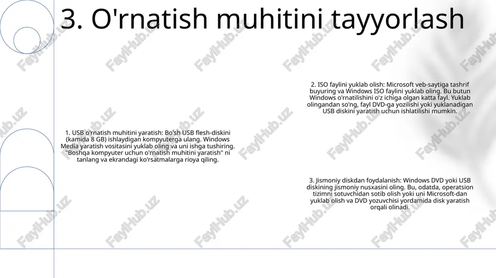 ayotgan windows versiyasi uchun minimal apparat va dasturiy ta'minot talablariga javob berishiga ishonch hosil qiling. 2. muhim ma'lumotlarni zaxiralang: o'rnatishni boshlashdan oldin tasodifiy yo'qolib qolishning oldini olish uchun barcha muhim fayllar va ma'lumotlaringizning zaxira nusxasini yarating. 3. o'rnatish muhitini tayyorlang: windows o'rnatish vositasidan foydalanib, yuklanadigan usb disk yoki dvd yarating. drayv to'g'ri formatlanganligiga va o'rnatish fayllarini saqlash uchun etarli joy mavjudligiga ishonch hosil qiling. 10. windows-ni muvaffaqiyatli o'rnatish bo'yicha maslahatlar e'tiboringiz uchun rahmat @taqdimot_robot image1.png /docprops/thumbnail.jpeg