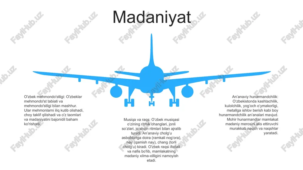 n sovet sotsialistik respublikasida keng tirajiga ega bo‘lib, respublikadagi eng mashhur gazetalardan biri edi. turizm tarixiy meros: o‘zbekistonda buxoro, xiva va samarqand kabi qadimiy shaharlar joylashgan bo‘lib, ular o‘zining tarixiy diqqatga sazovor joylari, jumladan masjidlar, madrasalar va maqbaralar bilan mashhur bo‘lib, mamlakatning boy madaniy va me’moriy merosini namoyish etadi. oshpazlik lazzatlari: o'zbekiston palov (guruchli palov), shurpa (go'shtli sho'rva) va lag'mon (go'sht va sabzavotli noodle) kabi an'anaviy taomlar bilan mazali oshpazlik tajribasini taklif etadi. mehmonlar restoranlarda, choyxonalarda va ko'chadagi oziq-ovqat do'konlarida mahalliy oshxona ta'midan zavqlanishlari mumkin. tabiiy go'zallik: o'zbekiston orol dengizidan tyan-shan tog'larigacha bo'lgan turli xil landshaftlarga ega. qizilqum cho'li noyob geologik tuzilmalarga ega bo'lgan ulkan kenglik bo'lsa, jizzax viloyatidagi aydarko'l suv faoliyati va yovvoyi tabiatni kuzatish uchun imkoniyatlar yaratadi. s w o t swot xalqaro munosabatlar international organizations: oʻzbekiston tashqi ishlar vazirligi (oʻzbekiston tashqi ishlar vazirligi) is responsible for coordinating and managing uzbekistan's international relations. diplomatik vakolatxonalar: oʻzbekistonning dunyoning 80 …
