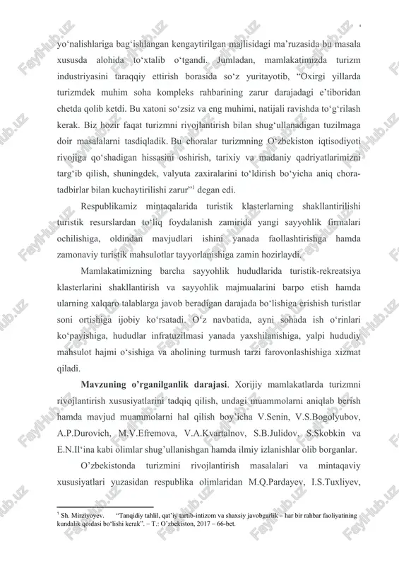 xos turizm turlari va ularni rivojlantirish imkoniyatlarini ochib berish; · o‘zbekistonni turistik rayonlashtirish xususiyatlarini ko‘rsatish; · o‘zbekistonning janubiy turistik mintaqasining mamlakat ijtimoiy-iqtisodiy hayotidagi o‘rnini ko‘rsatish; · mintaqaviy turizmni rivojlantirishda xorij tajribasini yoritish; · mintaqaviy turizmni rivojlantirish muammolari va istiqbollarini ko‘rsatish. malakaviy bitiruv ishning obekti bo’lib o‘zbekiston respublikasi mintaqalari turizmi, shu jumladan janubiy turistik mintaqalar turizmi hisoblanadi. bitiruv malakaviy ishining nazariy-amaliy ahamiyati. ushbu bitiruv malakaviy ishining ahamiyati shundaki, unda keltirilgan materiallardan turizmda turizm sohasini yanada rivojlantirish va yanada takomillashtirishda, shuningdek, oliy va o’rta maxsus o’quv yurtlarida turizmga oid fanlarni o’qitishda keng foydalanish mumkin. bitiruv malakaviy ishining nazariy-uslubiy asosi bo’lib, o’zbekiston respublikasi qonunlari, prezident farmonlari va asarlari, vazirlar mahkamasi qarorlari, iqtisodiy adabiyotlar, internet saytlari va statistik ma‘lumotlar, shuningdek turizm sohasiga bag’ishlangan manbalar xizmat qiladi. ishning yangiligi bo’lib quyidagilar hisoblanadi: · o‘zbekiston mintaqalariga xos turizm turlari va ularni rivojlantirish imkoniyatlarini ochib berilgan; · o‘zbekistonni turistik rayonlashtirish xususiyatlarini ko‘rsatib berilgan; · o‘zbekistonning janubiy turistik …