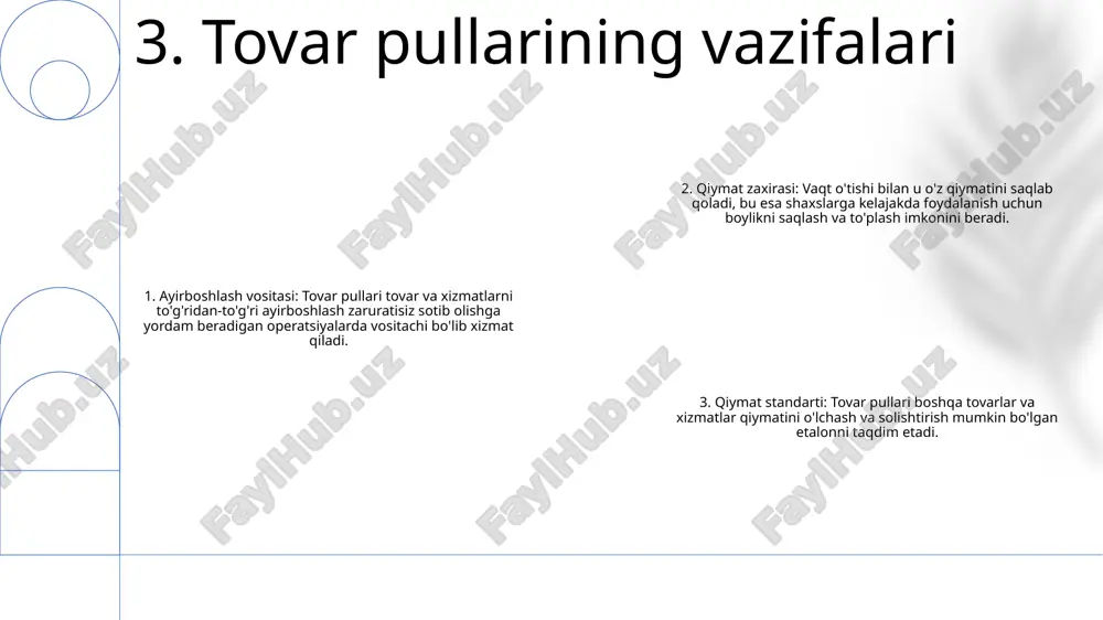 vaqt o'tishi bilan ularning qiymati nisbatan barqaror bo'lib, odamlarga boylik to'plash va saqlashga imkon berdi. qiymat standarti: qoramol turli xil tovarlar va xizmatlarni taqqoslash va almashish imkonini beradigan umumiy qiymat o'lchovini taqdim etdi. ular narxlarni belgilash va iqtisodiy hisob-kitoblarni osonlashtirishga yordam berdi. 9. qoramol tovar puli sifatida kelib chiqishi: guruch asrlar davomida turli madaniyatlarda, jumladan, qadimgi xitoy va hindistonda ayirboshlash vositasi sifatida ishlatilgan. funktsiyalari: tovar puli sifatida guruch savdoni osonlashtirish, qiymatni saqlash va iqtisodiyotni tartibga solish kabi bir nechta funktsiyalarni bajargan. tarixiy ahamiyati: ba'zi jamiyatlarda guruch iqtisodiy va ijtimoiy o'zaro munosabatlarni shakllantirib, yuqori baholangan va o'rnatilgan valyuta shakliga aylandi. 10. guruch tovar puli sifatida tuzning tovar puli sifatida kelib chiqishi: tuzning o'ziga xos xususiyatlari, jumladan, saqlash va ziravorlash qobiliyati uni qimmatbaho tovarga aylantirdi. u qadimgi tsivilizatsiyalarda savdo va ayirboshlashni osonlashtirgan pul birligi sifatida ishlatilgan. savdoda tuzning ko'p qirraliligi: tuzning yuqori talabi uning to'lov usuli sifatida keng qabul qilinishini ta'minladi. u …