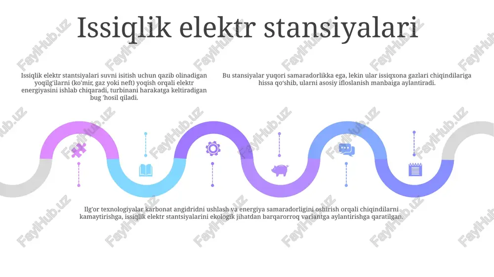 ansiyalari: powering industries- elektr stansiyalari (elektr stantsiyalari) ishlab chiqarishdan tortib transportgacha bo'lgan turli sohalarni quvvatlantirish uchun zarur bo'lgan elektr energiyasini ta'minlaydi.- har xil turdagi elektr stantsiyalari mavjud, jumladan, an'anaviy (qazib olinadigan yoqilg'ida), yadroviy va qayta tiklanadigan energiyaga asoslangan. ob'ektlar geotermal elektr stantsiyalari: global ta'sir - mamlakatlar barqaror energiya echimlarini izlayotgani sababli geotermal energiya global qiziqish uyg'otmoqda.- islandiya, yangi zelandiya va qo'shma shtatlar geotermal energiya ishlab chiqarish bo'yicha yetakchi davlatlar qatoriga kiradi biomassa elektr stantsiyalari biomassa elektr stantsiyalari: qayta tiklanadigan va uglerod-neytral energiya manbasini taklif qilib, organik moddalarni elektr energiyasiga aylantiring. biomassa elektr stantsiyalari, elektr stantsiyalari: issiqxona gazlari chiqindilarini kamaytirish va barqaror energiya amaliyotini targ'ib qilishda muhim rol o'ynaydi. elektr stansiyalari: "elektr stansiyalari" deb tarjima qiling, bu elektr energiyasini ishlab chiqarish va jamoalar va sanoat tarmoqlariga tarqatish uchun muhim ob'ektlar. to'lqinli elektr stantsiyalari add text add text add text add text add text add text energiyani ta'minlash uchun foydalaniladigan to'lqin quvvati: …