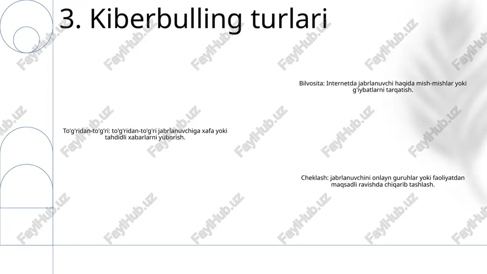 an amalga oshirilishi mumkin, bu esa jinoyatchiga jabrlanuvchilar jug'rofiy jihatdan uzoqda bo'lsa ham nishonga olish imkonini beradi. qidiruvda qiyinchilik: anonim kiberbullying huquqni muhofaza qilish organlari va maktab ma'muriyatini osonlikcha aniqlash mumkin bo'lgan ma'lumotlarning yo'qligi sababli jinoyatchini qidirishni qiyinlashtiradi. 10. anonim kiberbulling kiberbullingning ta'siri: ruhiy salomatlik bilan bog'liq muammolar - depressiya, tashvish va o'zini past baholash. - o'z joniga qasd qilish fikrlari va xatti-harakatlari xavfini oshiradi. kiberbullingning ruhiy salomatlik ta'siri - salbiy tana qiyofasi va ovqatlanishning buzilishi. - uyquning buzilishi va dahshatli tushlar. kiberbulling va ruhiy salomatlik: aralashuv - psixologik ta'sirni bartaraf etish uchun terapiya va qo'llab-quvvatlash guruhlari. - kiberbullingning oldini olish va ularga javob berish uchun ta'lim va xabardorlik dasturlari. 11. kiberbulling va ruhiy salomatlik hissiy iztirob: kiberbullying sharmandalik, aybdorlik, o'zini past baho, tashvish va depressiyaga olib kelishi mumkin. jismoniy salomatlik muammolari: kiberbullingdan kelib chiqadigan stress jismoniy namoyon bo'lishi mumkin, bosh og'rig'i, oshqozon og'rig'i, uyqu buzilishi va hatto immunitetning zaiflashishiga …