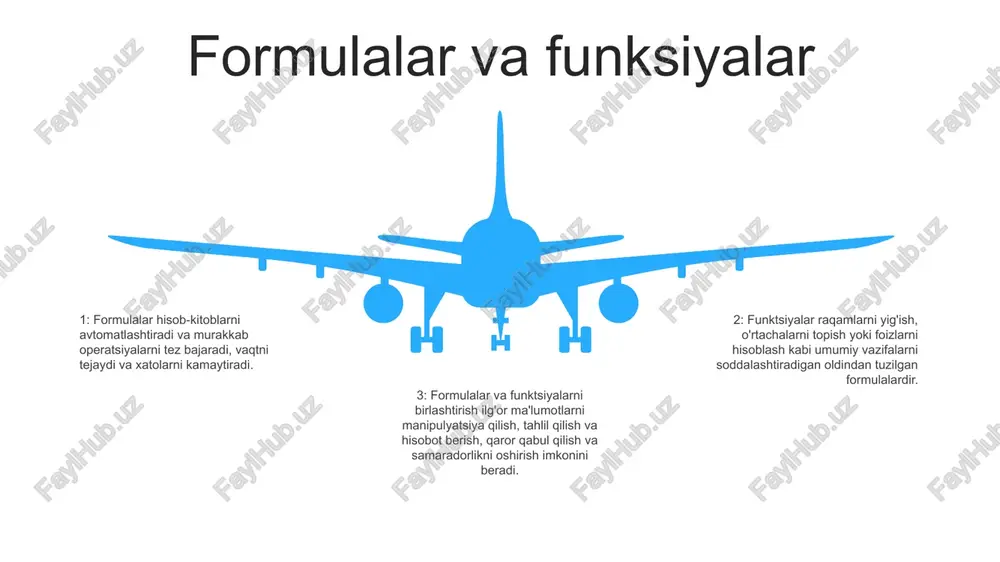 lashtirish uchun zarurdir. ular sizga ma'lumotlarni manipulyatsiya qilish, dinamik jadvallar yaratish va murakkab hisob-kitoblarni osonlik bilan bajarish imkonini beradi. 2. shartli formatlashdan foydalaning: shartli formatlash ma'lumotlaringizdagi tendentsiyalarni, chetga chiqishlarni va istisnolarni aniqlashni osonlashtirib, muayyan mezonlar asosida hujayralarga vizual belgilarni qo'llaydi. 3. ma'lumotlaringizni himoya qiling: excel ma'lumotlaringizni tasodifiy yoki ruxsatsiz o'zgarishlardan himoya qilish uchun turli xil variantlarni taqdim etadi. elektron jadvallaringizning yaxlitligini ta'minlash uchun parol bilan himoyalash, ma'lumotlarni tekshirish va hujayralarni blokirovka qilishdan foydalaning. 06 05 04 03 02 e'tiboringiz uchun rahmat @taqdimot_robot image12.jpg image3.jpg image2.jpg /docprops/thumbnail.jpeg
