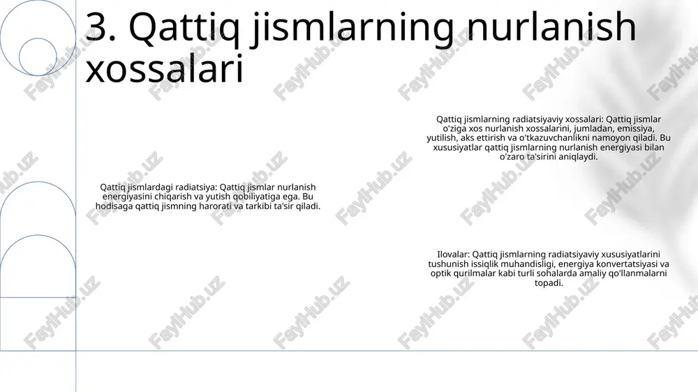 ssiyasi 1,0 ga teng bo'lgan issiqlik almashinadigan sirt maydonlari qora yuzalar deyiladi. nurli issiqlik, issiqlik almashinuvi sirt o'rtasida radiatsiya orqali hech qanday intervensiyasiz sodir bo'ladi. 9. radiatsiya qalqonlari materiallarni radiatsiyaviy quritish: radiatsion energiya qog'oz, to'qimachilik va oziq-ovqat mahsulotlari kabi turli materiallardan namlikni olib tashlash uchun ishlatiladi, bu tez va samarali quritish jarayonlarini ta'minlaydi. yuqori haroratli ishlov berish: radiant issiqlik uzatish metallga ishlov berish, keramika ishlab chiqarish va shisha ishlab chiqarish kabi yuqori harorat talab qilinadigan sohalarda qo'llaniladi, bu aniq va mahalliy isitishni ta'minlaydi. quyosh issiqlik energiyasi: quyoshdan keladigan radiatsiya energiyasi quyosh issiqlik kollektorlari orqali turli xil ilovalar, masalan, kosmik isitish, suv isitish va sanoat jarayonlari uchun issiqlik hosil qilish uchun ishlatiladi, barqarorlikni va energiyani tejashni rag'batlantiradi. 10. radiatsion issiqlik uzatishning sanoat jarayonlarida qo'llanilishi issiqlik uzatish mexanizmi: ushbu maqola shaffof bo'lmagan jismlar orasidagi radiatsiyaviy issiqlik almashinuvida ishtirok etadigan issiqlik uzatish mexanizmlarining to'liq ko'rinishini taqdim etadi. raqamli tahlil: tadqiqotda sirt xususiyatlari, masofa …