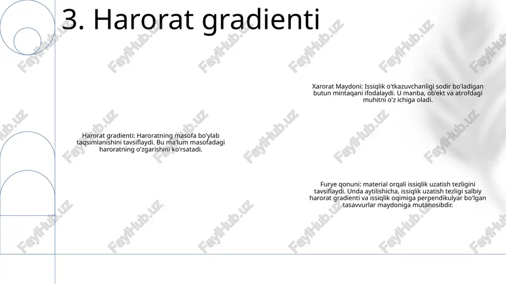 i nuqta yoki mintaqa o'rtasidagi harorat farqi. issiqlik oqimining yo'nalishi va kattaligini aniqlaydi. issiqlik uzatish tezligini aniqlash va issiqlik tizimlarini loyihalash uchun foydalaniladi. fure qonuni: skayar maydonning gradientini zarrachaga ta’sir etuvchi kuchning yo‘nalishi va kattaligi bilan bog‘laydi. nyutonning ikkinchi qonuni kabi harakat tenglamalarini chiqarish uchun foydalaniladi. turli sohalarda, jumladan, mexanika, elektromagnetizm va suyuqliklar dinamikasida ilovalar topildi. 10. amaliy misollar tarixiy nuqtai nazar: xarorat maydonixarorat maydoni samarqandda asrlar davomida tarixiy yodgorlik vazifasini o‘tagan. 15-asrda u yirik iqtisodiy markaz boʻlib, temuriylar saltanatida muhim rol oʻynagan. xarorat gradienti. temur tomonidan buyurtma qilingan xarorat gradienti gur-e amir maqbarasi kiraverishiga olib boradigan monumental marmar zinapoyadir. unda o‘sha davrning nafis hunarmandchiligini ko‘rsatuvchi murakkab o‘ymakorlik va yozuvlar mavjud. fure qonunifure qonuni islom qonuni bo'lib, spirtli ichimliklarni iste'mol qilishni taqiqlaydi. u amir temur davrida samarqandda joriy qilingan va bugungi kunda mintaqada oʻz taʼsirini saqlab kelmoqda. 11. tarixiy nuqtai nazar xarorat maydonixarorat maydoni, fizikada ikki nuqta orasidagi temperatura farqini …