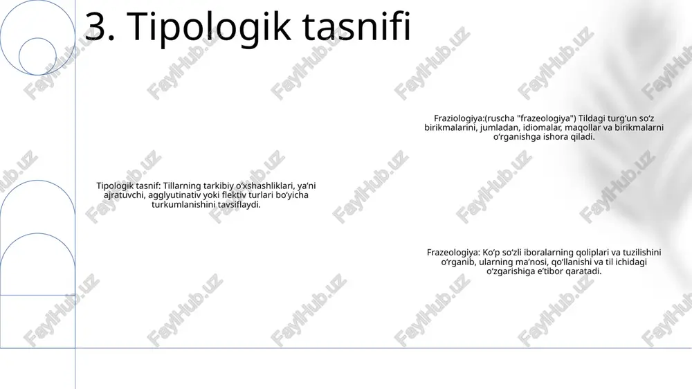 masi bo'lib, ular tarkibidagi so'zlarning ma'nosidan farq qiladi. misollar: “aqldan ozgandek yugur” (tez yugurish), “haftada yetti juma” (fikringizni tez-tez o'zgartiring), “burun bilan yetaklash” (aldash). maqol va matallar xalq hikmati yoki ta'limotini o'z ichiga olgan qisqa, majoziy ma'lumotlardir 11. hikmatlar va maqollar kollokatsiyalar: "kuchli yomg'ir" yoki "xato qilish" kabi tez-tez birga keladigan so'zlarning aniq juftligi. formulaik til: "har qanday holatda" yoki "hayotda bir marta" kabi yagona birlik sifatida ishlatiladigan tilning oldindan o'ralgan bo'laklari. fraziologiya: frazeologik birliklarni, jumladan, ularning tuzilishi, ma'nosi va nutqda qo'llanilishini o'rganadi. 12. kollokatsiyalar va formulalar tili frazeologiya - tilshunoslikning alohida so'zlarning ma'nolaridan oldindan aytib bo'lmaydigan, turg'un ma'noli so'z birikmalarini o'rganadigan bo'limi. diskurs: xabarni bildiruvchi bog‘langan nutq yoki yozuv; alohida kommunikativ ahamiyatga ega bo'lgan iboralar yoki iboralarni o'z ichiga olishi mumkin. fraziologiya (ruscha): frazeologiya atamasi, turgʻun soʻz birikmalari va ularning tildagi rolini oʻrganuvchi. 13. frazeologiya va nutq taʼrif: frazeologiya tildagi turgʻun yoki yarim turgʻun iboralarni oʻrganadi. bu iboralarning tuzilishi, …