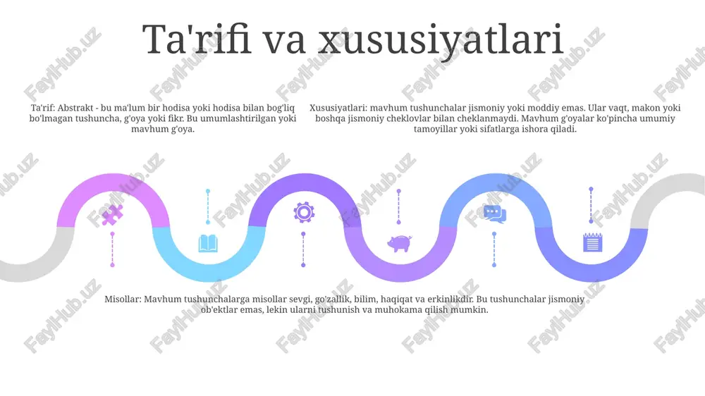 arini yaratadigan mavhum uslub. xulosa: tuyg'ular va g'oyalarni etkazish uchun ranglar, shakllar va teksturalardan foydalangan holda tanib olinadigan shakllar va narsalardan ajralib chiqadi. postmodernizm va neoabstraksiya add text add text add text add text add text add text xulosa: haqiqiy dunyo ob'ektlarini aks ettirmaydigan, balki vizual elementlarni o'rganadigan va hissiyotlarni uyg'otadigan kompozitsiyalar yaratish uchun chiziqlar, shakllar va ranglardan foydalanadigan san'at uslubi. postmodernizm: 20-asr oxirida paydo boʻlgan, modernizmning obʼyektiv haqiqat va umuminsoniy estetikaga urgʻu berishni rad etishi bilan tavsiflangan oqim. u xilma-xillikni, sub'ektivlikni va ommaviy madaniyatning ta'sirini o'z ichiga oladi. neo-abstraksiya: 1980-yillarda paydo bo'lgan, mavhum ekspressionizm va minimalizmdan ilhomlangan badiiy uslub. u mavhum shakllar va materiallardan foydalanishga urg'u beradi, lekin o'zida vakillik va figura elementlarini o'z ichiga oladi. zamonaviy abstraksiya 01 02 03 ekspressionistik abstraksiya: qalin ranglar, imo-ishorali cho'tka zarbalari va buzilgan shakllar orqali hissiy ifodani ta'kidlaydi. lirik abstraksiya: sub'ektiv kechinmalarga ustunlik beradi, uyg'un ranglar, organik shakllar va ritmik kompozitsiyalar orqali …