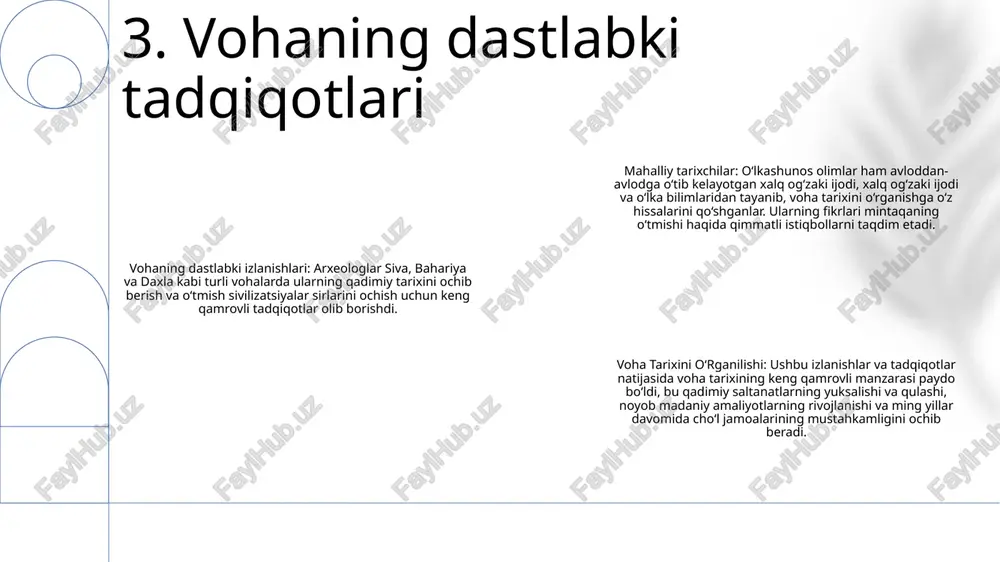 mkin. 8. atrof-muhit tahlili tarixiy manbalar: mahalliy tarixchilar tomonidan yaratilgan voha tarixini oʻrganilishi voha hududi tarixini qayta tiklash uchun yilnomalar, qoʻlyozmalar va ogʻzaki anʼanalar kabi tarixiy manbalarni oʻrganadi. mahalliy istiqbollar: tadqiqot o'z hisoblari va tadqiqotlari orqali mintaqa tarixini saqlash va etkazishda hal qiluvchi rol o'ynagan mahalliy tarixchilarning istiqbollariga qaratilgan. mintaqaviy kontekst: mahalliy tarixchilar tomonidan tuzilgan voha tarixini oʻilishi mintaqa tarixini kengroq mintaqaviy va milliy kontekstga joylashtiradi, uning qoʻshni hududlar va yirik tarixiy voqealar bilan aloqalarini oʻrganadi. 9. aholi va jamiyat oʻzbekistonning ilk tarixidagi savdo va savdoni mahalliy tarixchilar tomonidan oʻrganishda asosiy eʼtibor ipak yoʻli va uning mintaqa iqtisodiy rivojlanishiga taʼsiriga qaratilgan. oʻlkashunoslar xiva, buxoro, samarqand kabi shaharlarning savdo va savdo markazlari sifatidagi oʻrni va ipak yoʻli orqali uzoq mamlakatlar bilan bogʻlanishini tushunishga harakat qilganlar. ilk o‘zbekistondagi savdo va savdoni o‘rganishda mahalliy bozorlarning rivojlanishi, savdogarlarning roli, turli madaniyatlar o‘rtasidagi tovar va g‘oyalar almashinuvi ham o‘rganilgan. 10. savdo va savdo 1: meros …