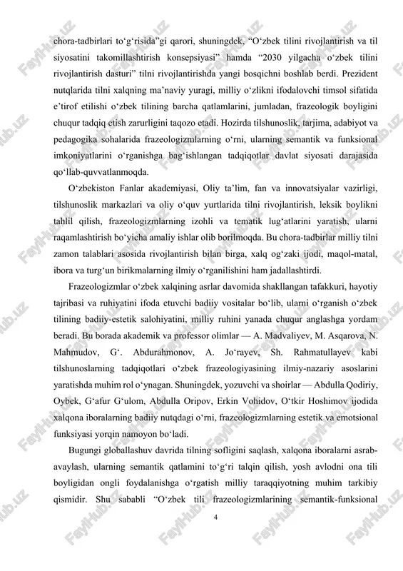 muhim tarkibiy qismidir. shu sababli “o‘zbek tili frazeologizmlarining semantik-funksional xususiyatlari” mavzusi nafaqat nazariy, balki amaliy jihatdan ham beqiyos ahamiyatga ega bo‘lib, u o‘zbek tilining milliy ruhini, xalqning ma’naviy merosini va tafakkurini chuqur o‘rganishga xizmat qiladi. kurs ishining maqsad va vazifalari. kurs ishining maqsadi — o‘zbek tili frazeologizmlarining semantik va funksional xususiyatlarini har tomonlama tahlil qilish, ularning til tizimidagi o‘rni hamda ma’no, shakl va uslubiy vazifalarini aniqlashdan iborat. frazeologizmlar tildagi obrazlilik, milliy dunyoqarash, xalq tafakkuri va madaniy qadriyatlarning ifodachisi sifatida tilshunoslikning muhim obyektlaridan biri hisoblanadi. shu bois, ushbu kurs ishida o‘zbek tilidagi frazeologik birliklarning semantik tahlili orqali ularning mazmun qatlamlari ochib beriladi, funksional xususiyatlari esa nutqdagi vazifasi, uslubiy roli hamda kommunikativ samaradorlik nuqtayi nazaridan o‘rganiladi. frazeologizmlarning semantik jihatlarini o‘rganish orqali ularning tarkibida yashiringan ma’no ko‘lamini, metaforik va metonimik asoslarini aniqlash mumkin. masalan, “ko‘ngli tog‘dek” iborasi insonning saxiy, bag‘rikeng tabiatini ifodalasa, “tishi o‘tmaydi” iborasi kimgadir yoki nimagadir kuchi yetmasligini bildiradi. bu kabi …